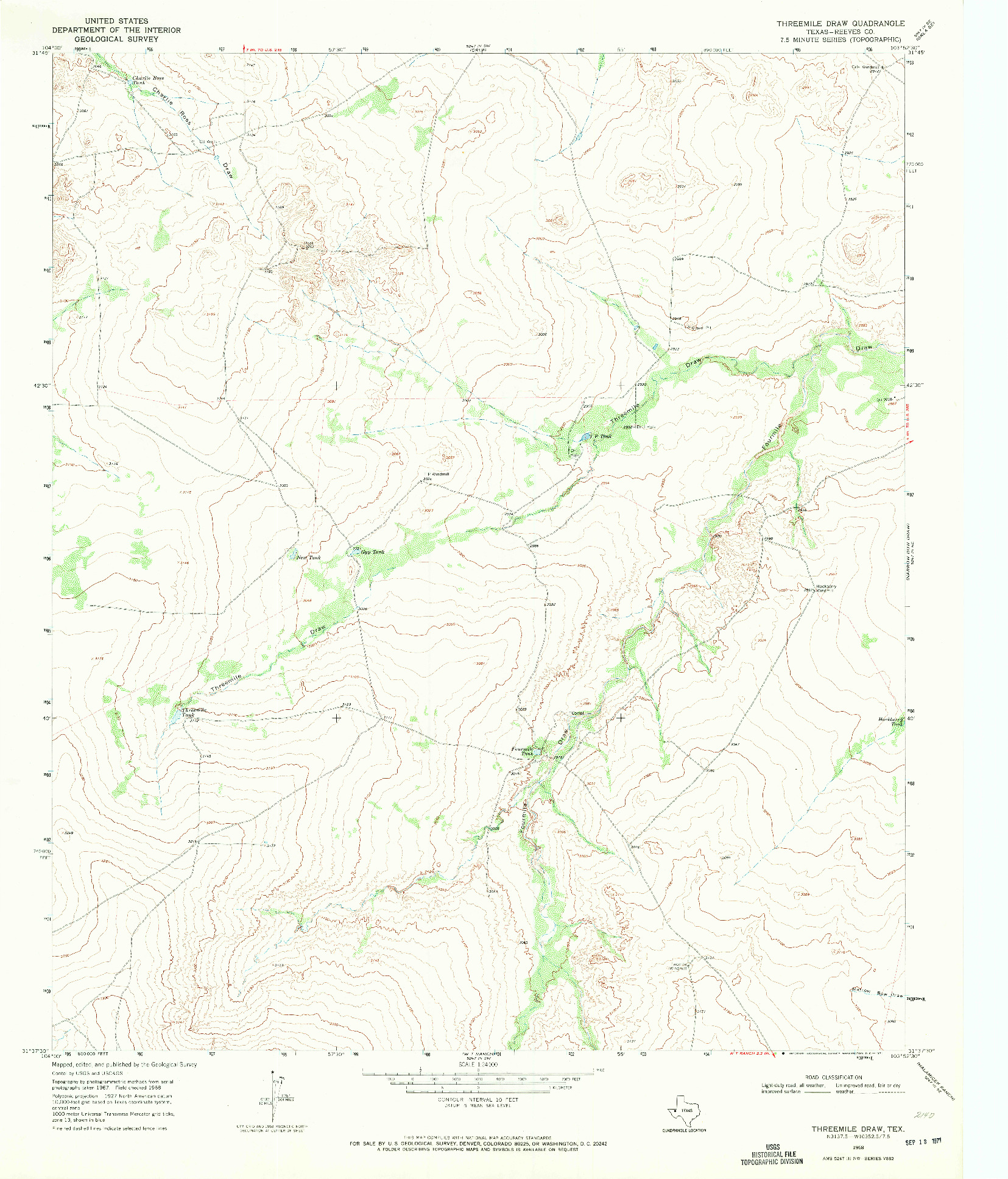 USGS 1:24000-SCALE QUADRANGLE FOR THREEMILE DRAW, TX 1968