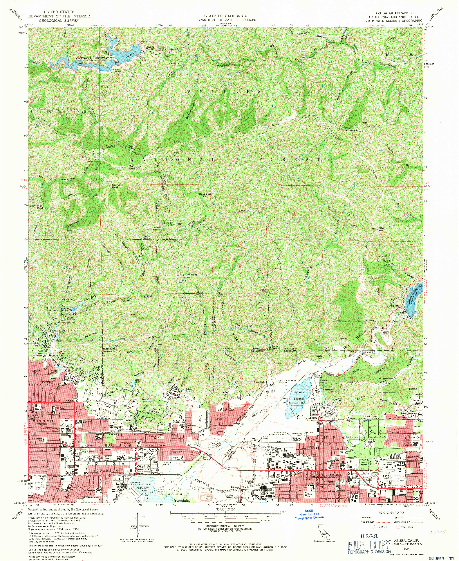 USGS 1:24000-SCALE QUADRANGLE FOR AZUSA, CA 1966