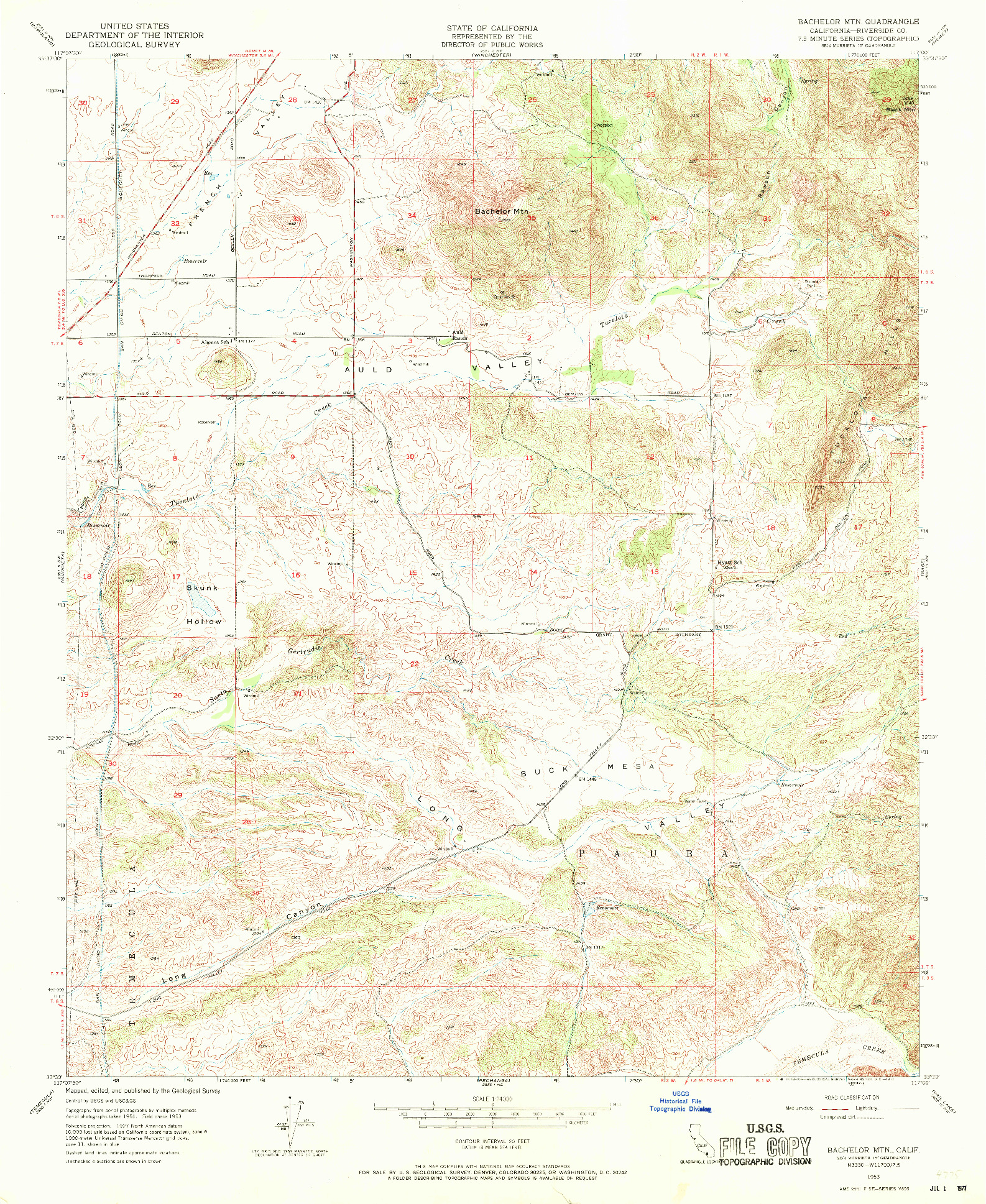 USGS 1:24000-SCALE QUADRANGLE FOR BACHELOR MTN., CA 1953