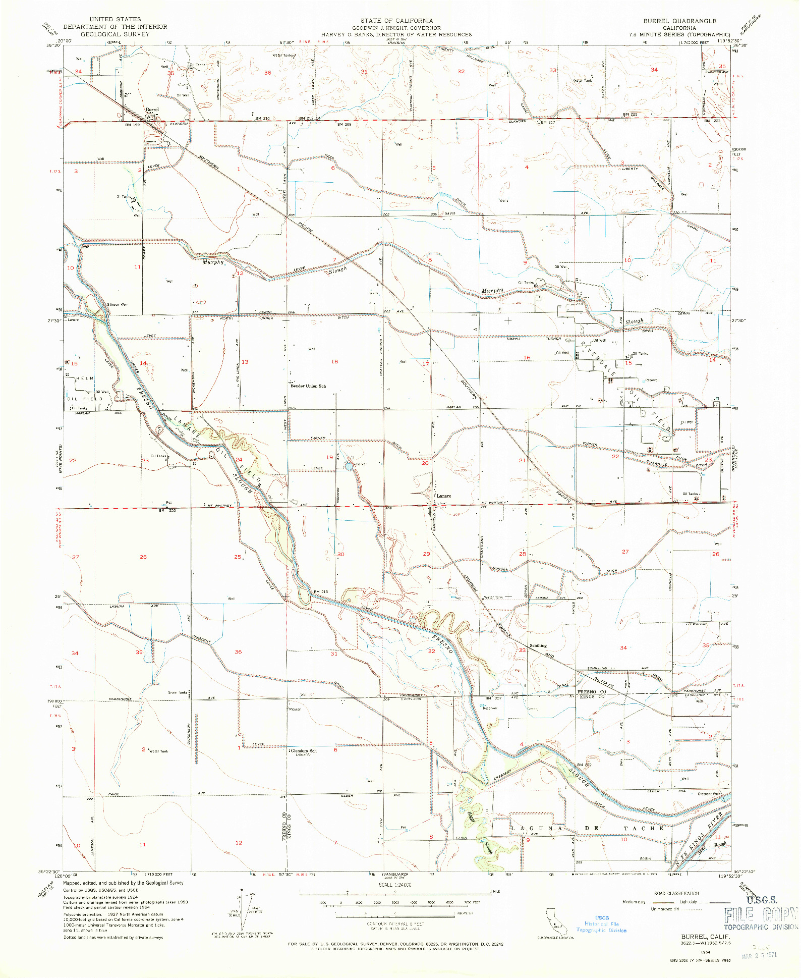 USGS 1:24000-SCALE QUADRANGLE FOR BURREL, CA 1954