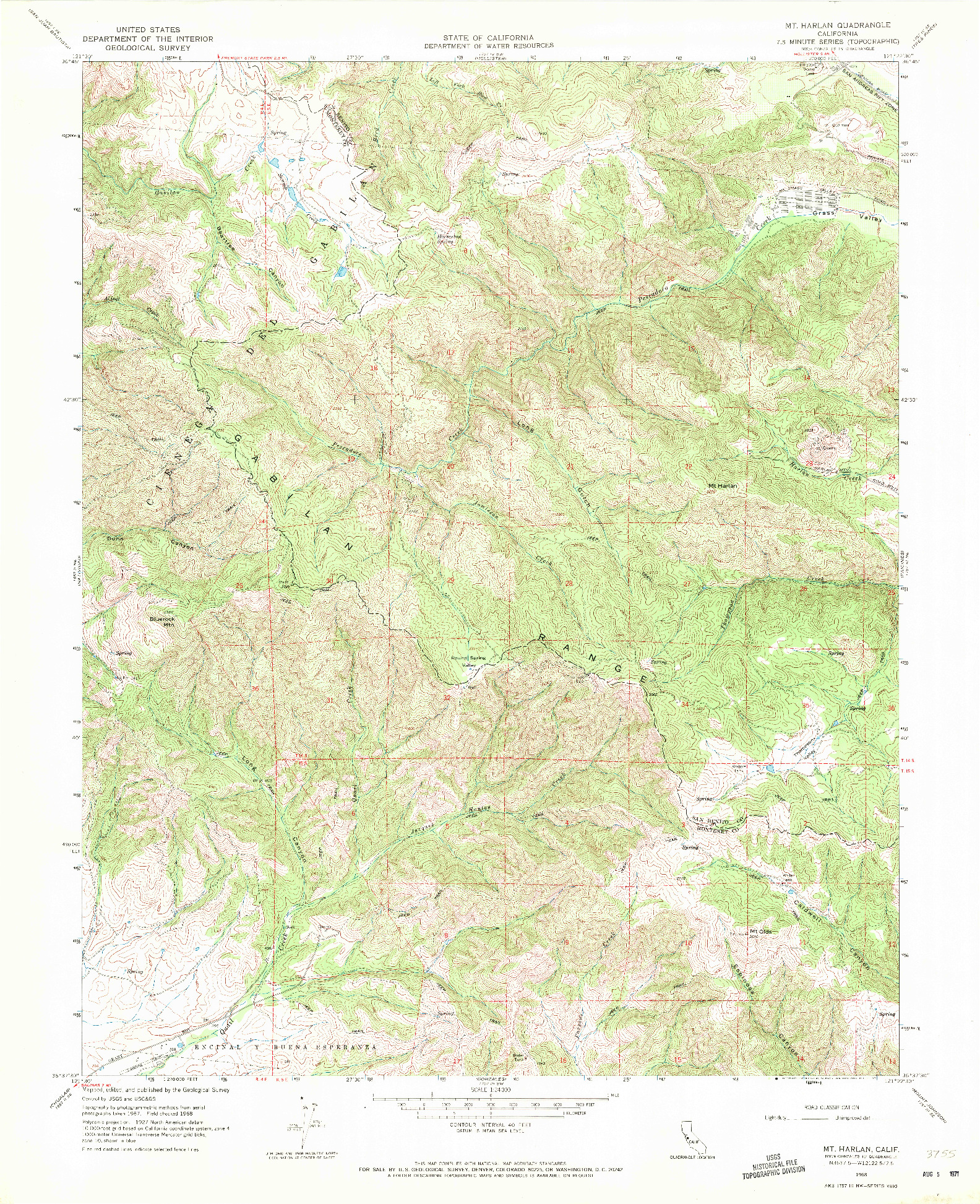 USGS 1:24000-SCALE QUADRANGLE FOR MT. HARLAN, CA 1968