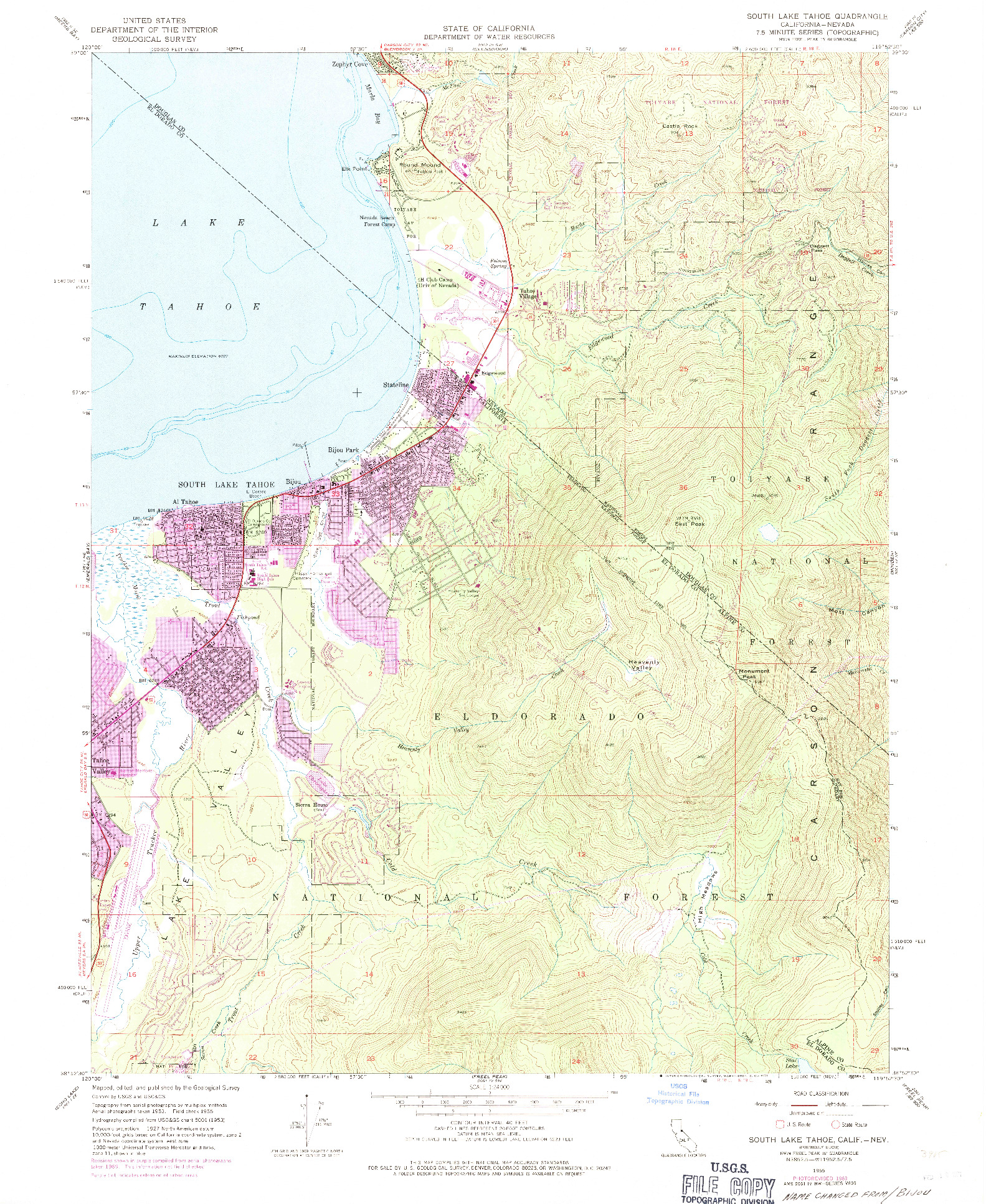 USGS 1:24000-SCALE QUADRANGLE FOR SOUTH LAKE TAHOE, CA 1955