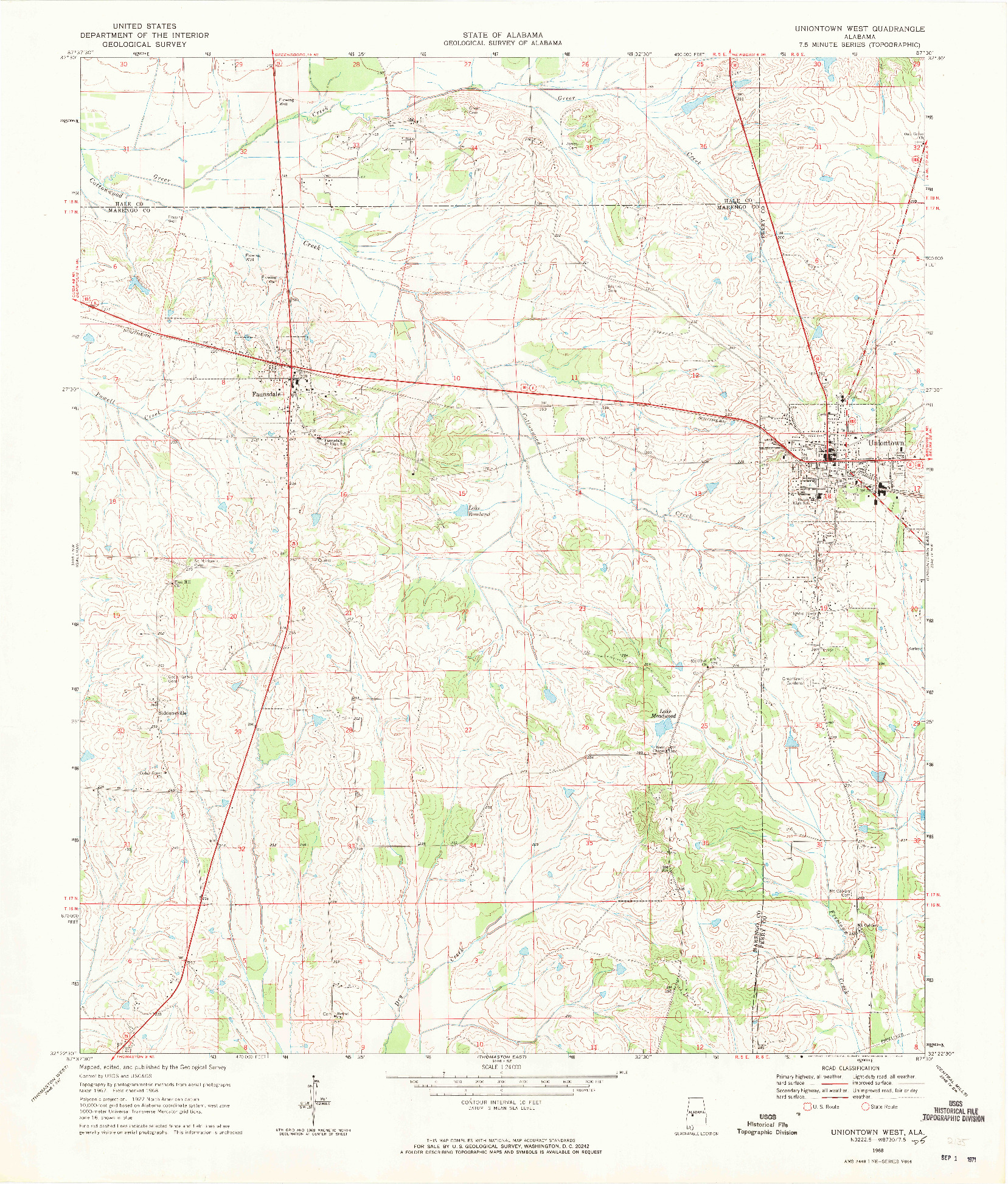 USGS 1:24000-SCALE QUADRANGLE FOR UNIONTOWN WEST, AL 1968