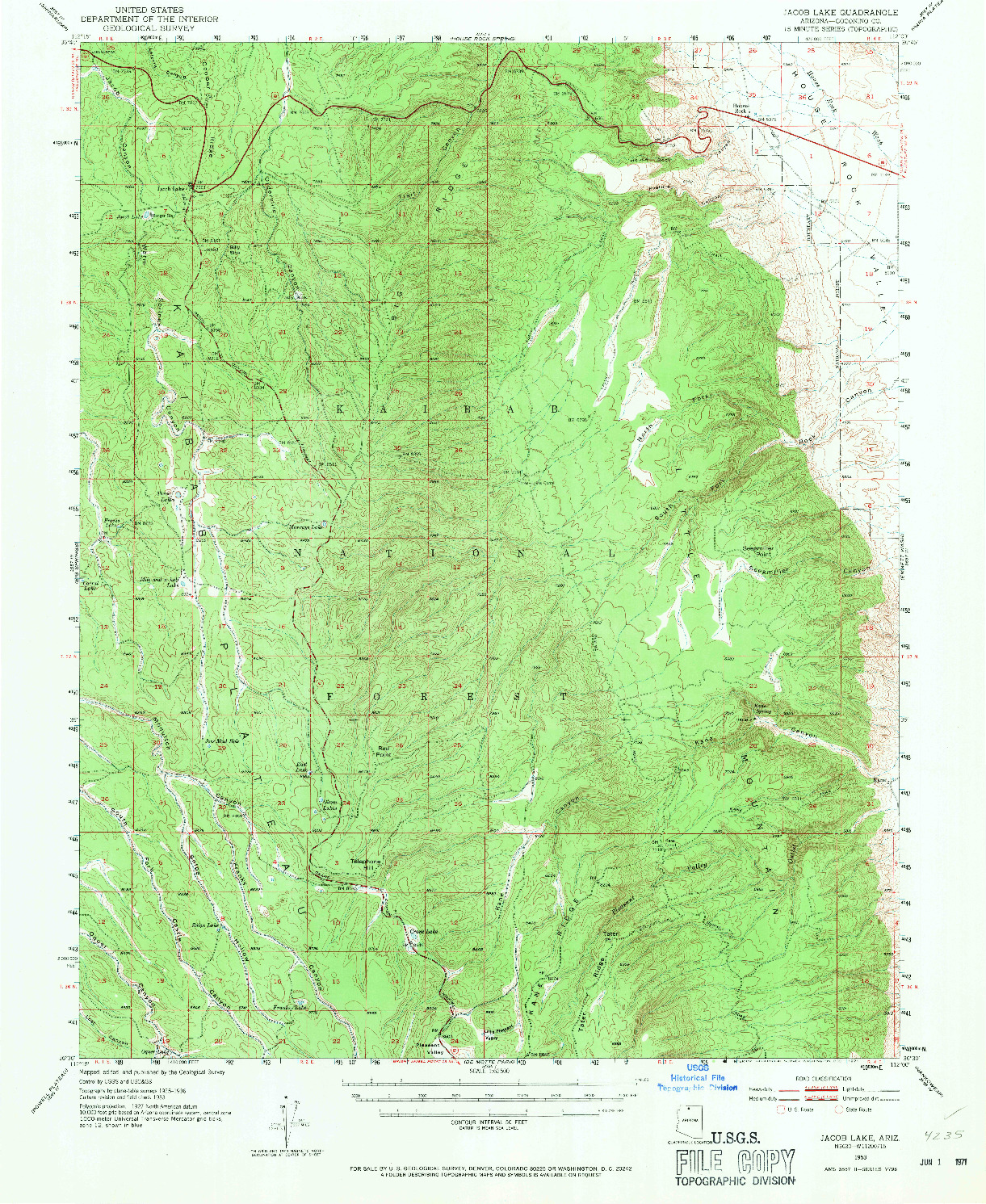 USGS 1:62500-SCALE QUADRANGLE FOR JACOBS LAKE, AZ 1953