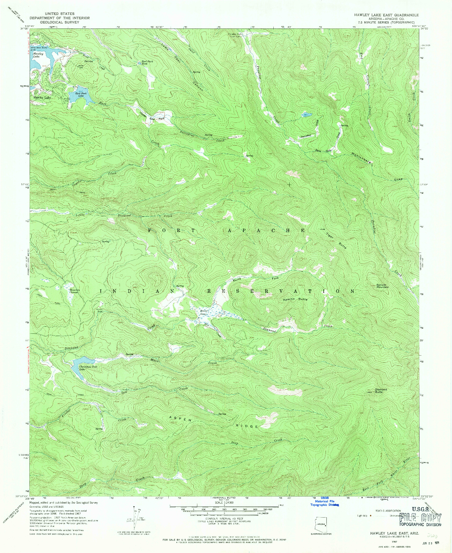 USGS 1:24000-SCALE QUADRANGLE FOR HAWLEY LAKE EAST, AZ 1967