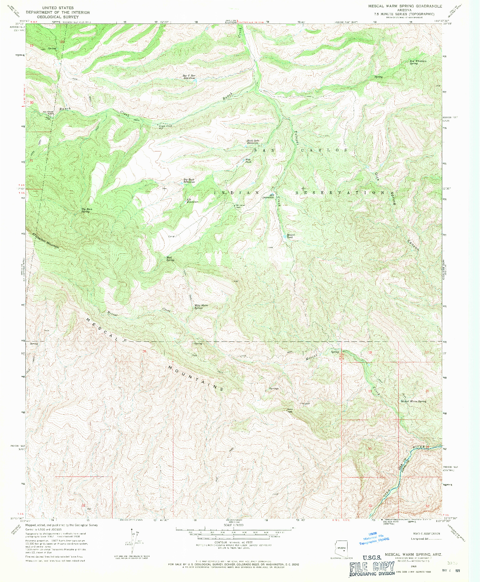 USGS 1:24000-SCALE QUADRANGLE FOR MESCAL WARM SPRING, AZ 1968