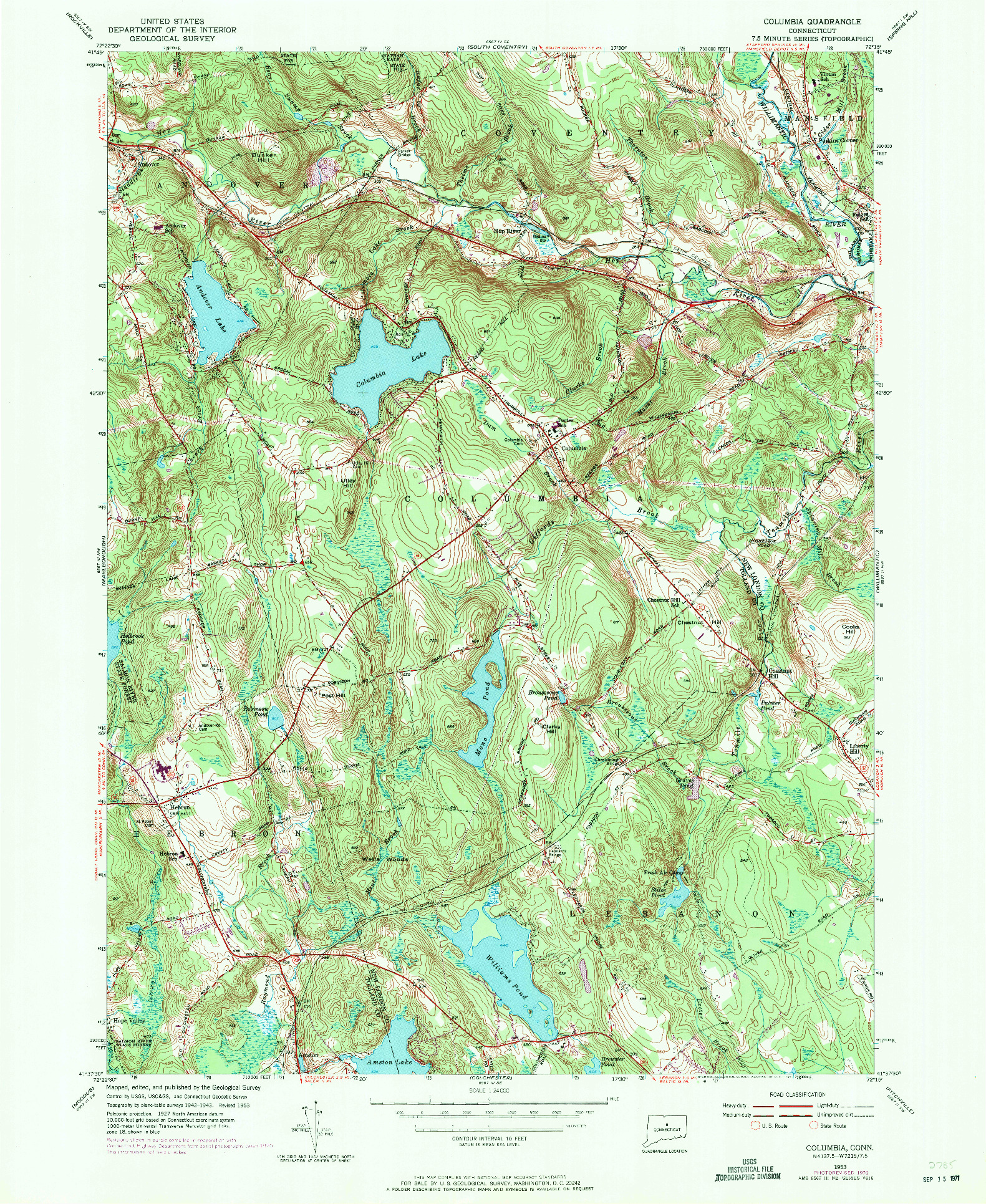 USGS 1:24000-SCALE QUADRANGLE FOR COLUMBIA, CT 1953