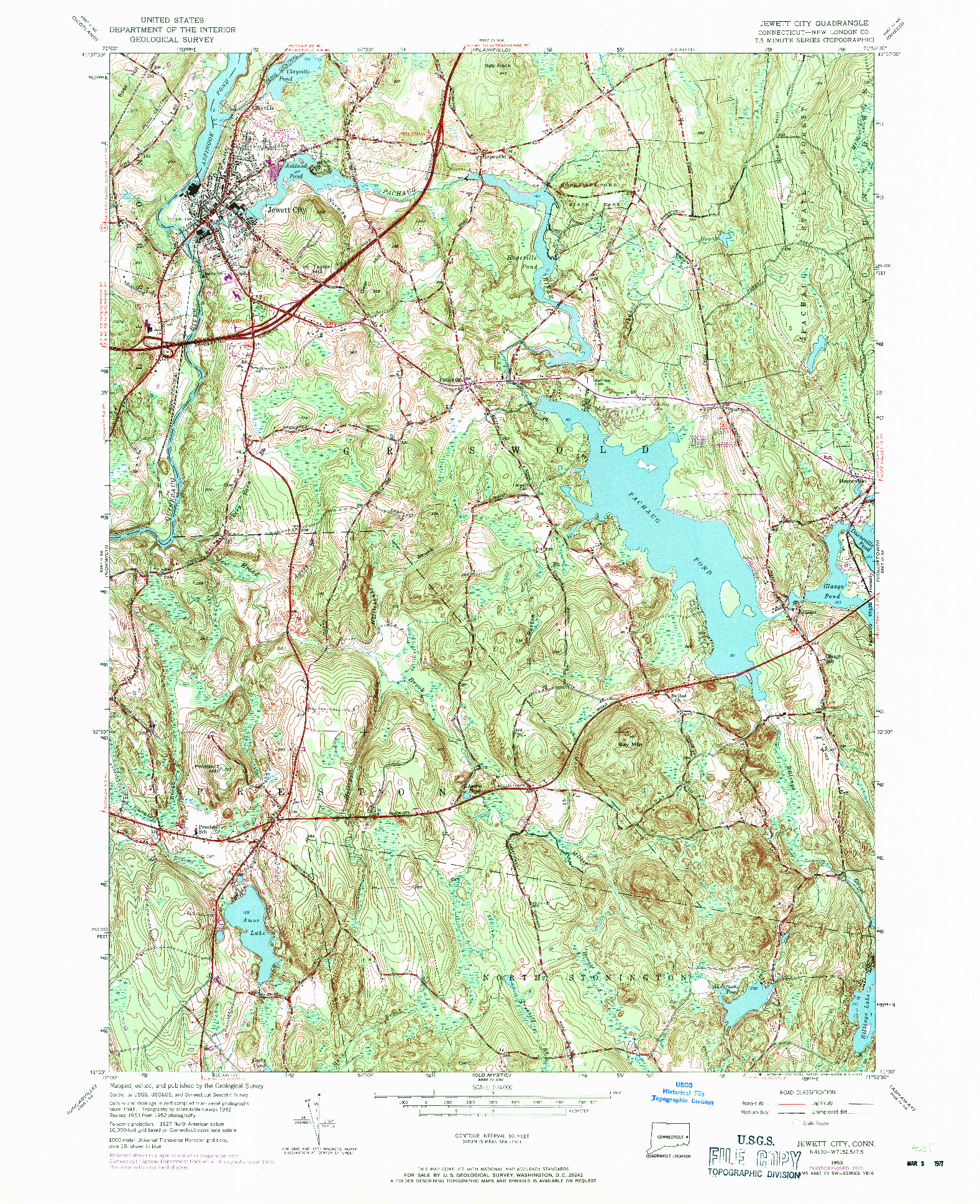 USGS 1:24000-SCALE QUADRANGLE FOR JEWETT CITY, CT 1953