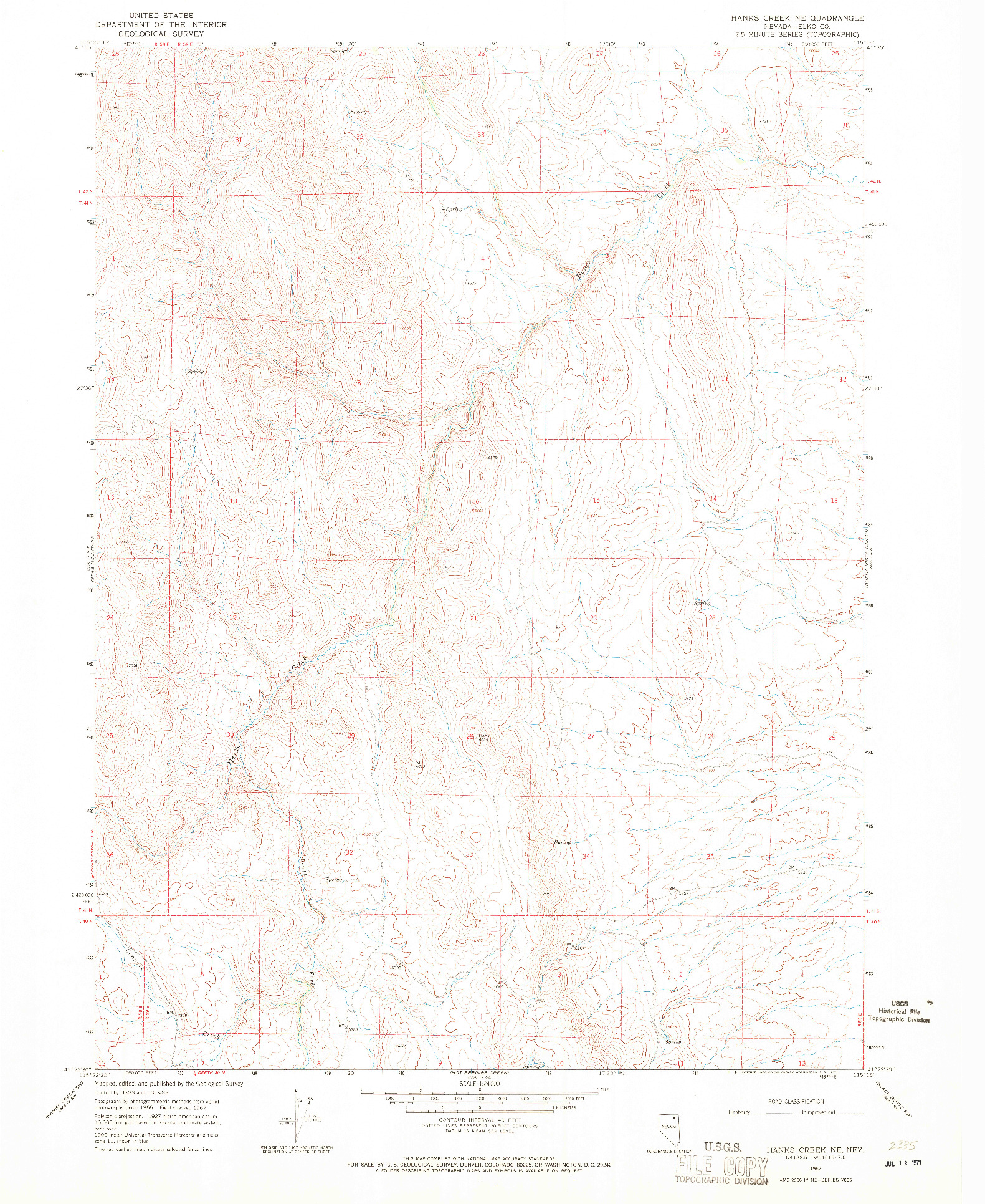 USGS 1:24000-SCALE QUADRANGLE FOR HANKS CREEK NE, NV 1967