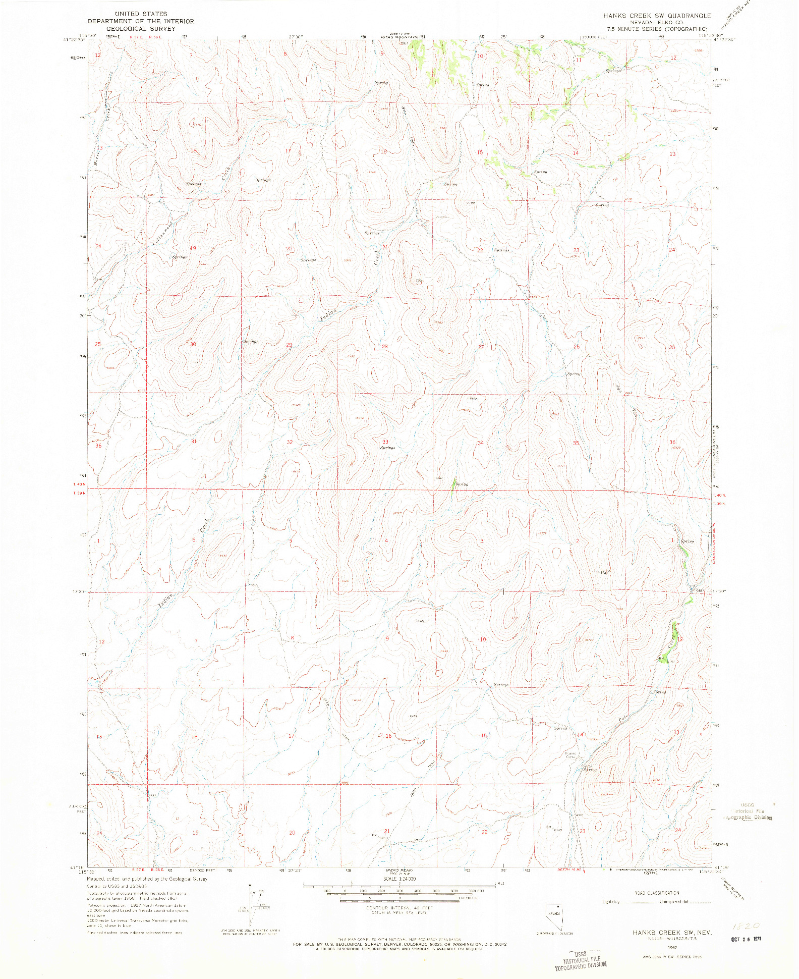 USGS 1:24000-SCALE QUADRANGLE FOR HANKS CREEK SW, NV 1967