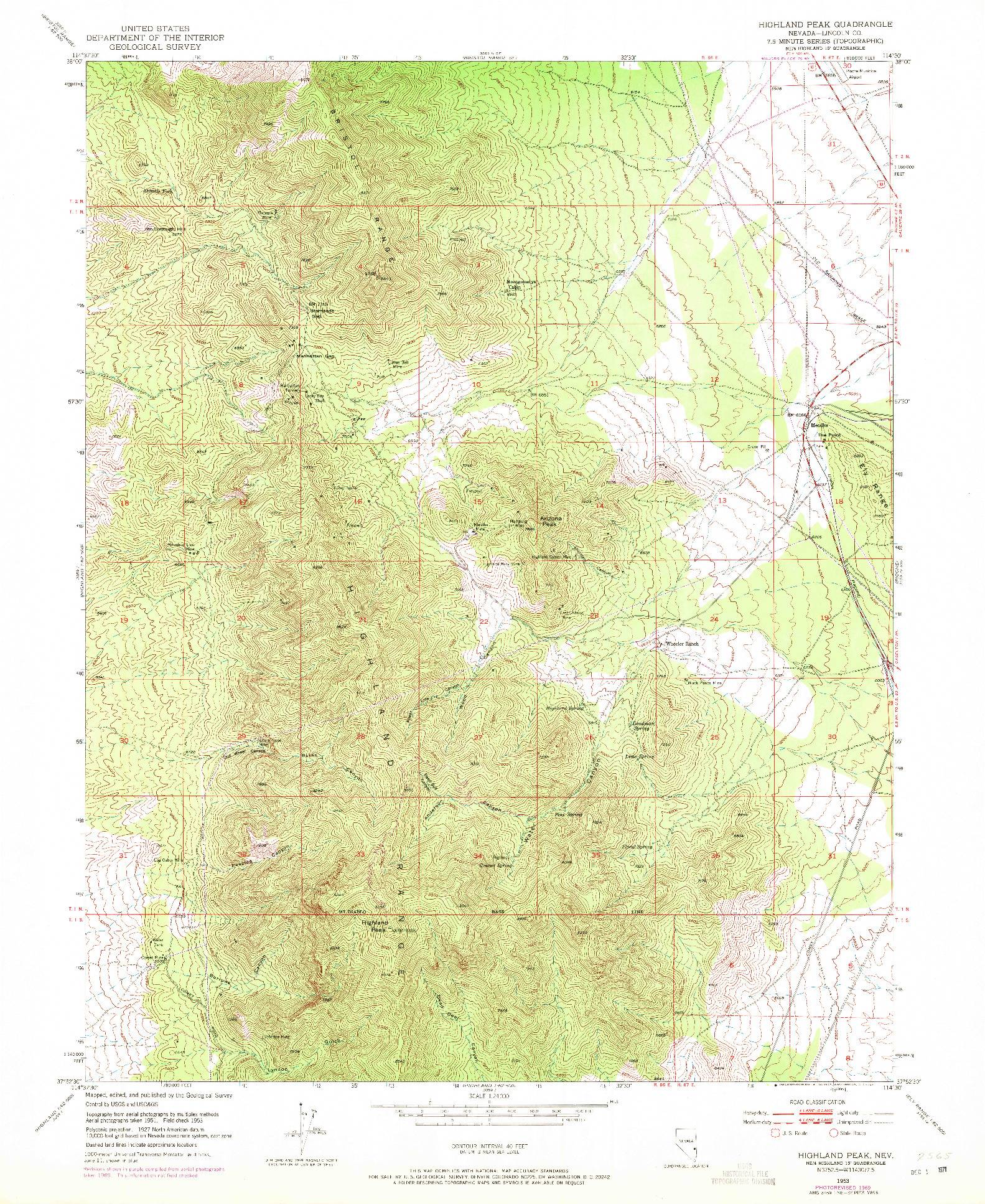 USGS 1:24000-SCALE QUADRANGLE FOR HIGHLAND PEAK, NV 1953