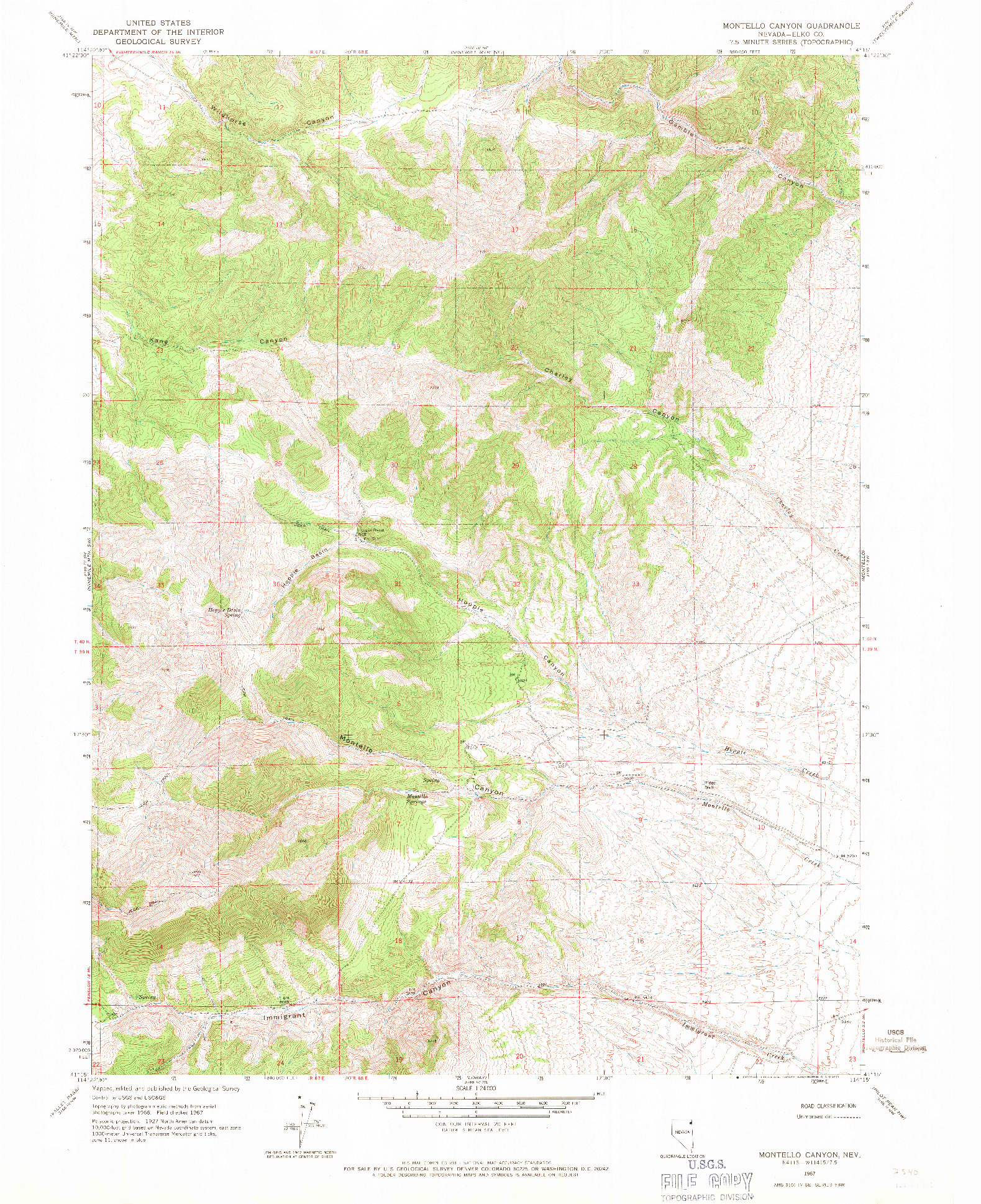 USGS 1:24000-SCALE QUADRANGLE FOR MONTELLO CANYON, NV 1967