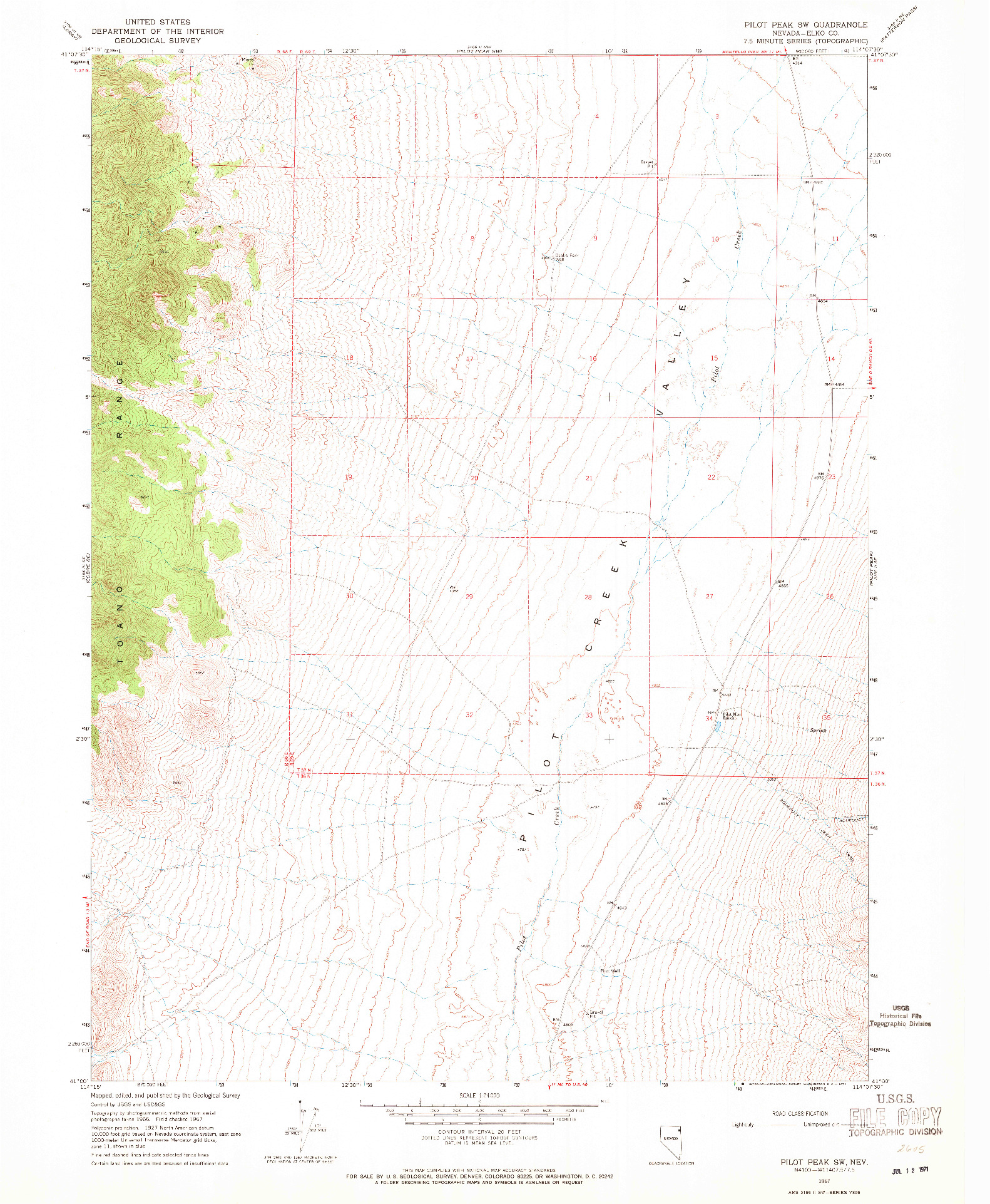 USGS 1:24000-SCALE QUADRANGLE FOR PILOT PEAK SW, NV 1967