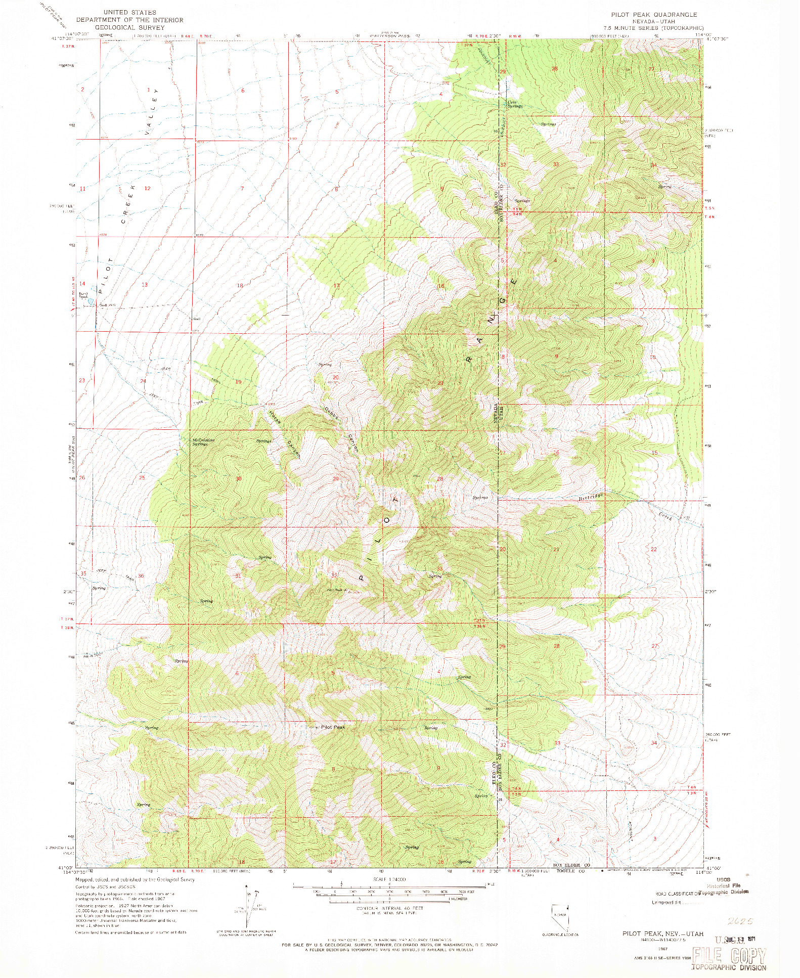 USGS 1:24000-SCALE QUADRANGLE FOR PILOT PEAK, NV 1967