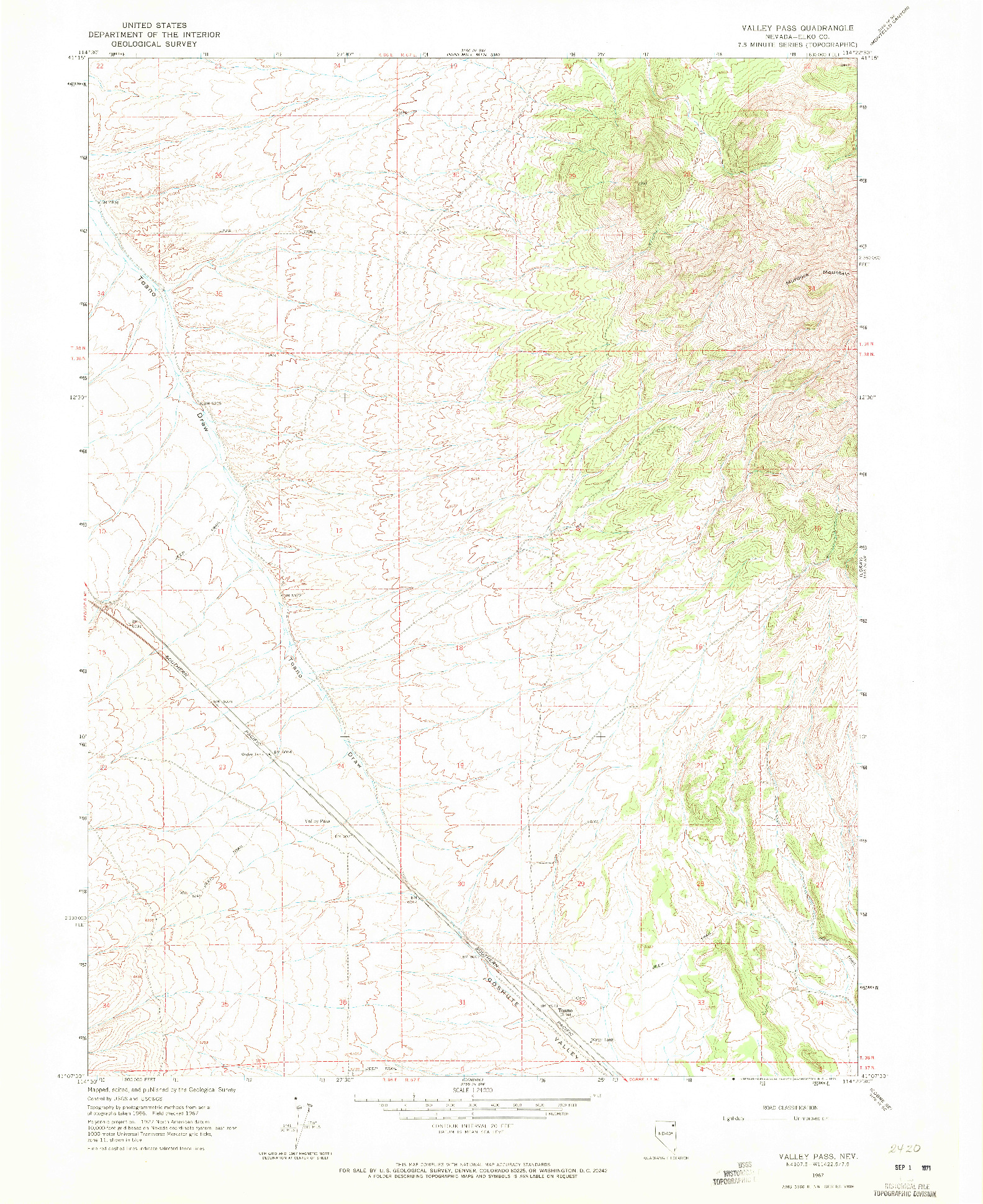 USGS 1:24000-SCALE QUADRANGLE FOR VALLEY PASS, NV 1967