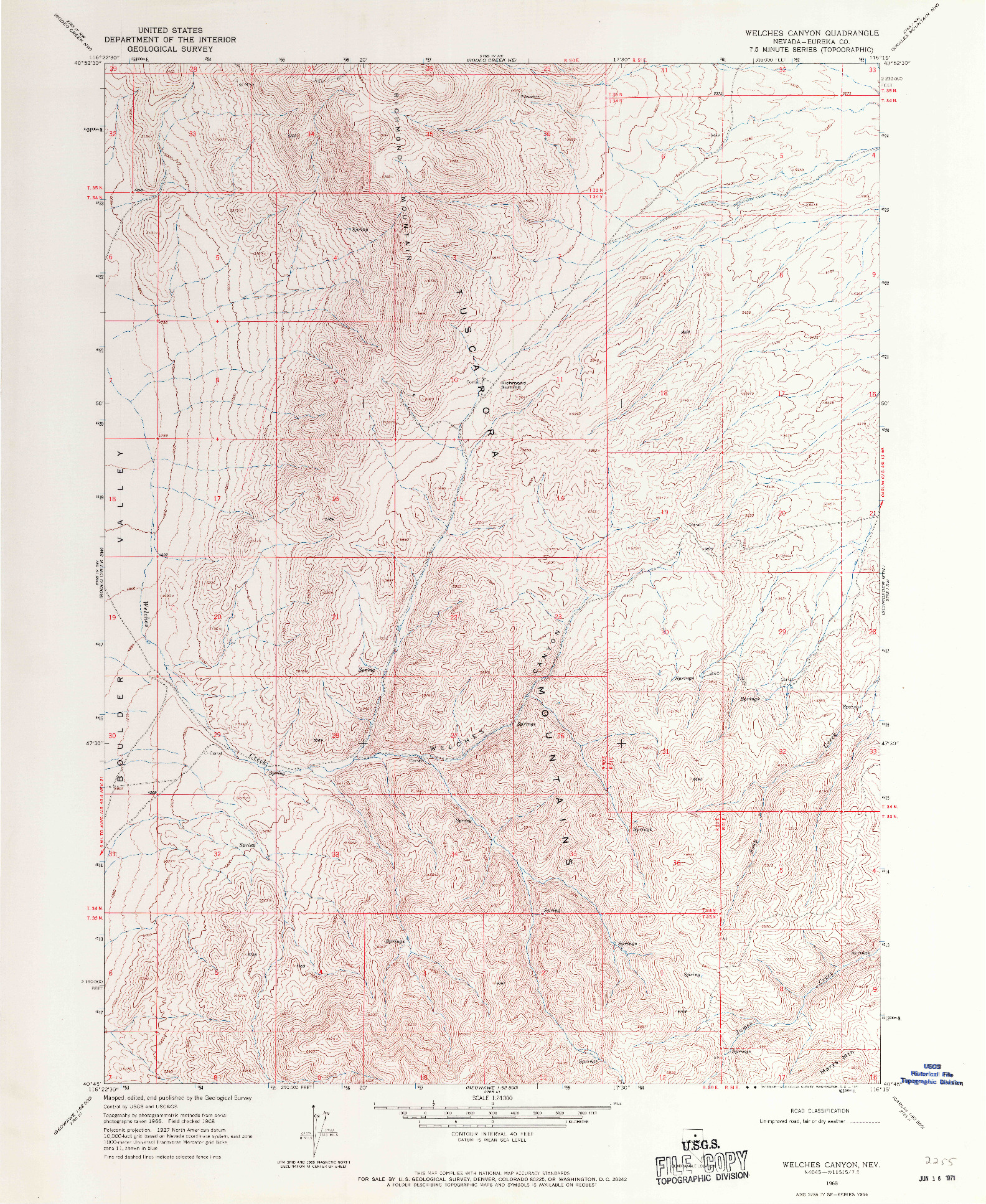 USGS 1:24000-SCALE QUADRANGLE FOR WELCHES CANYON, NV 1968