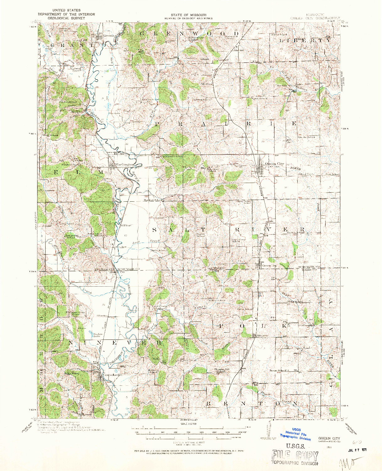 USGS 1:62500-SCALE QUADRANGLE FOR QUEEN CITY, MO 1911