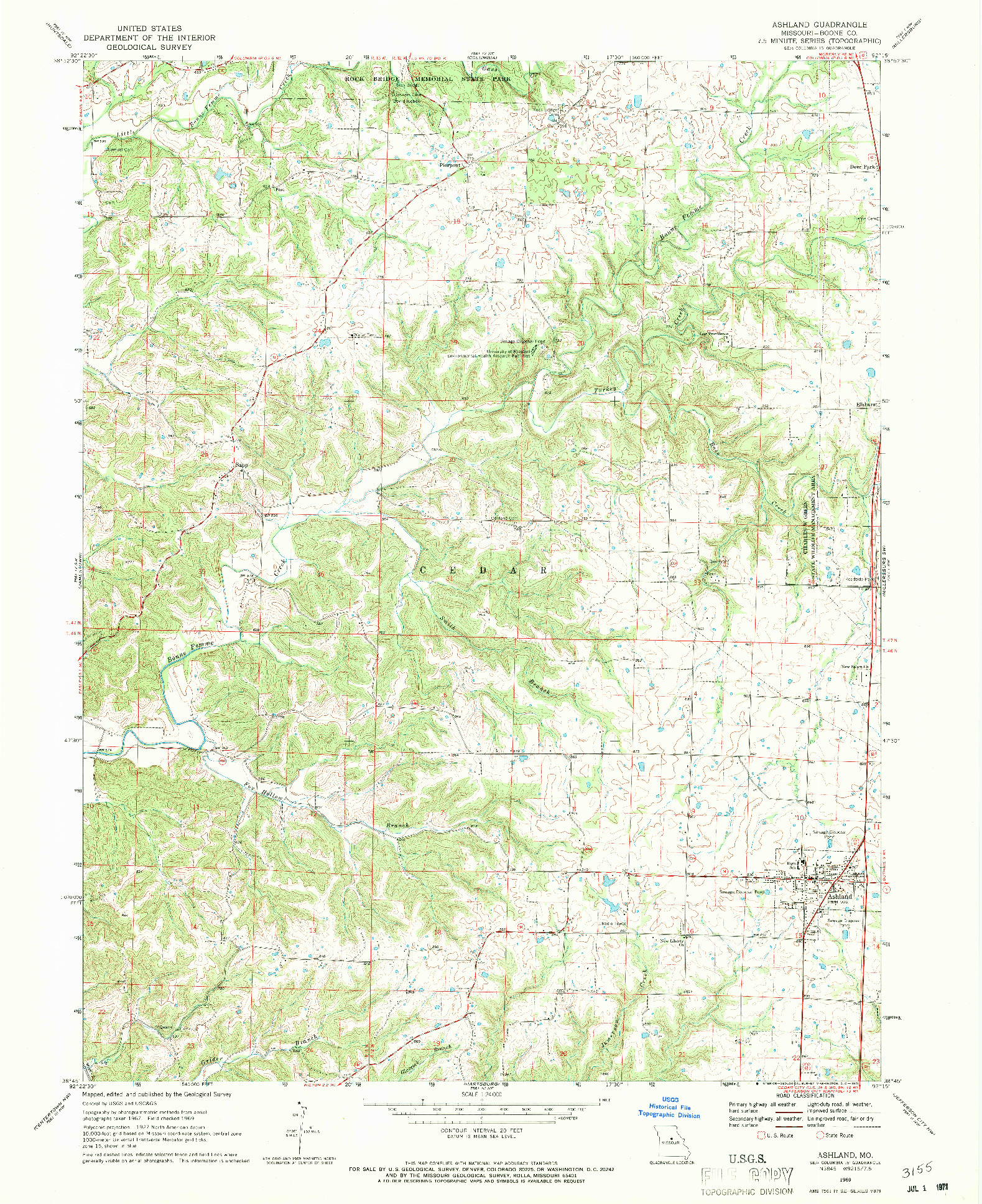 USGS 1:24000-SCALE QUADRANGLE FOR ASHLAND, MO 1969