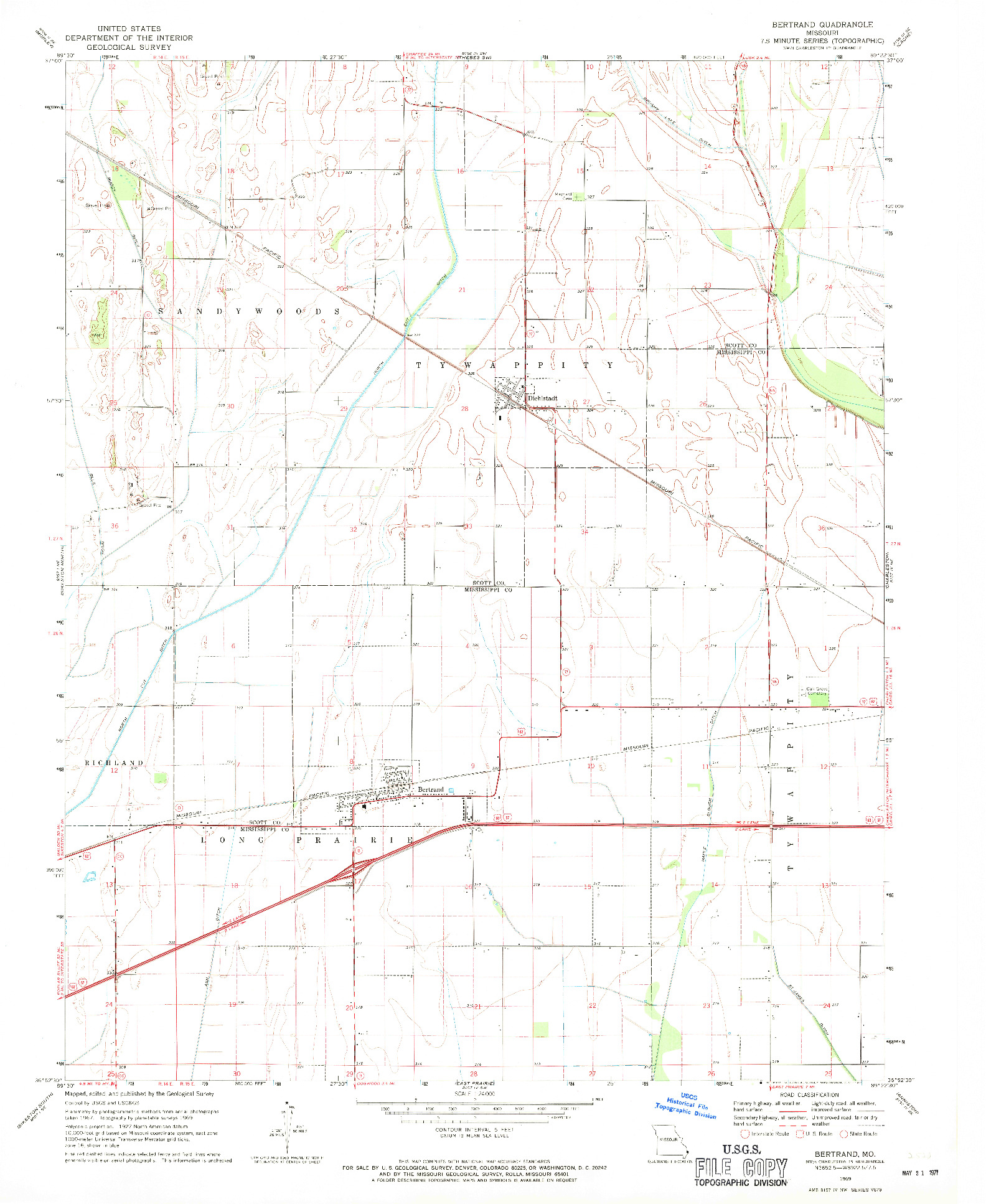 USGS 1:24000-SCALE QUADRANGLE FOR BERTRAND, MO 1969