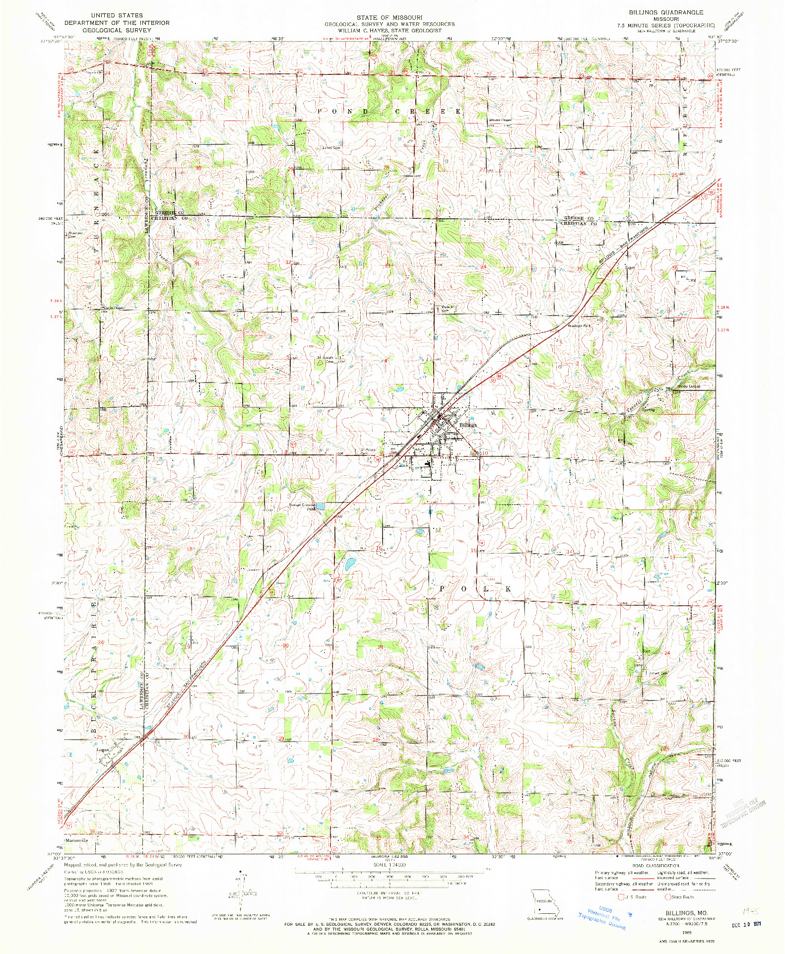 USGS 1:24000-SCALE QUADRANGLE FOR BILLINGS, MO 1969