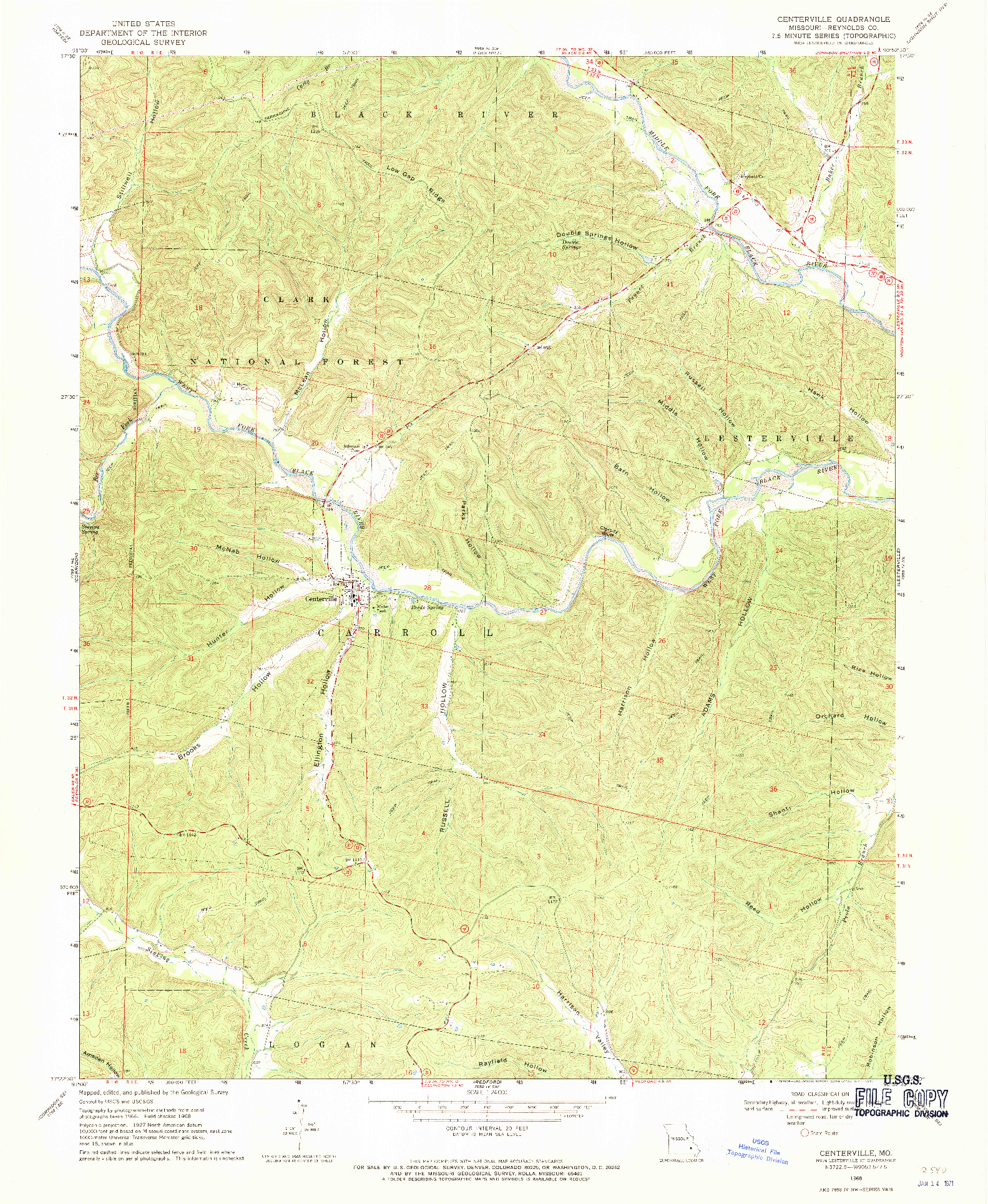 USGS 1:24000-SCALE QUADRANGLE FOR CENTERVILLE, MO 1968