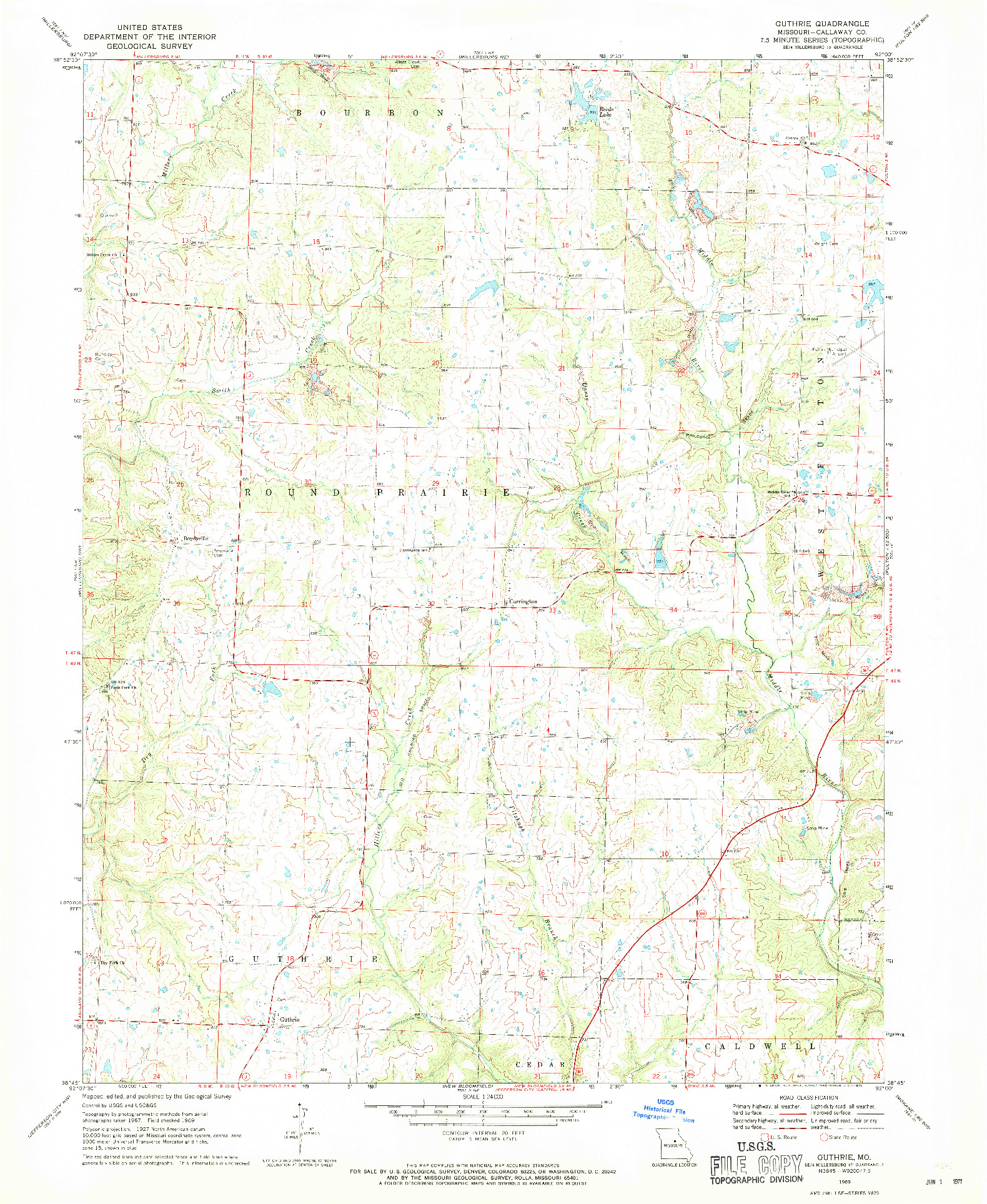 USGS 1:24000-SCALE QUADRANGLE FOR GUTHRIE, MO 1969