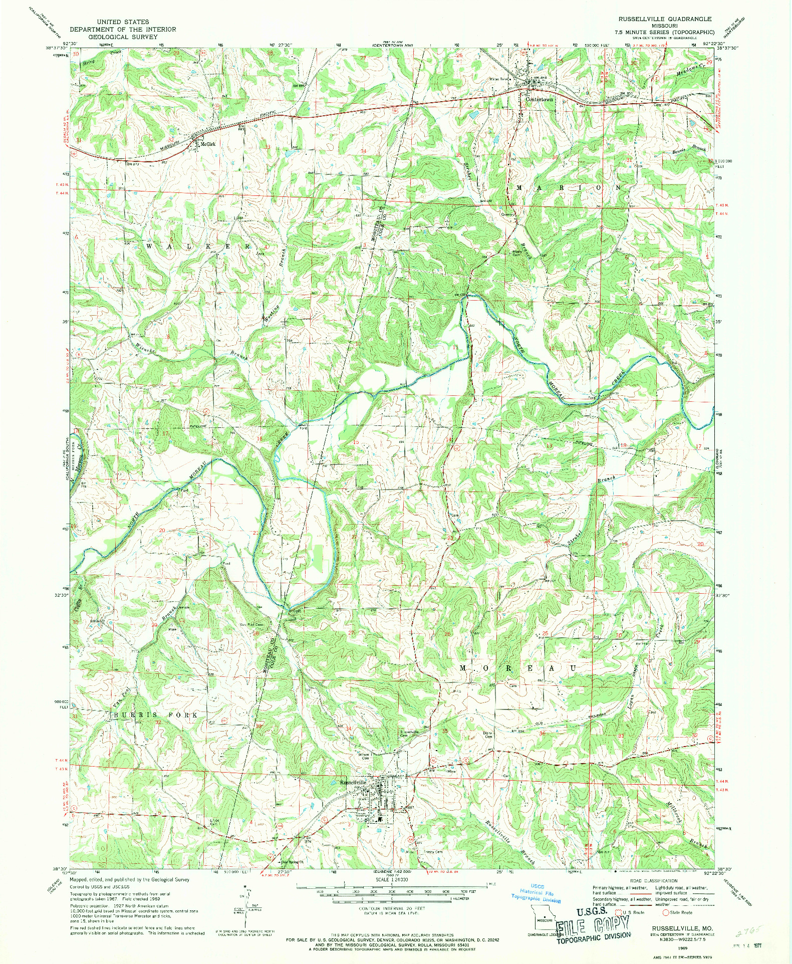 USGS 1:24000-SCALE QUADRANGLE FOR RUSSELLVILLE, MO 1969