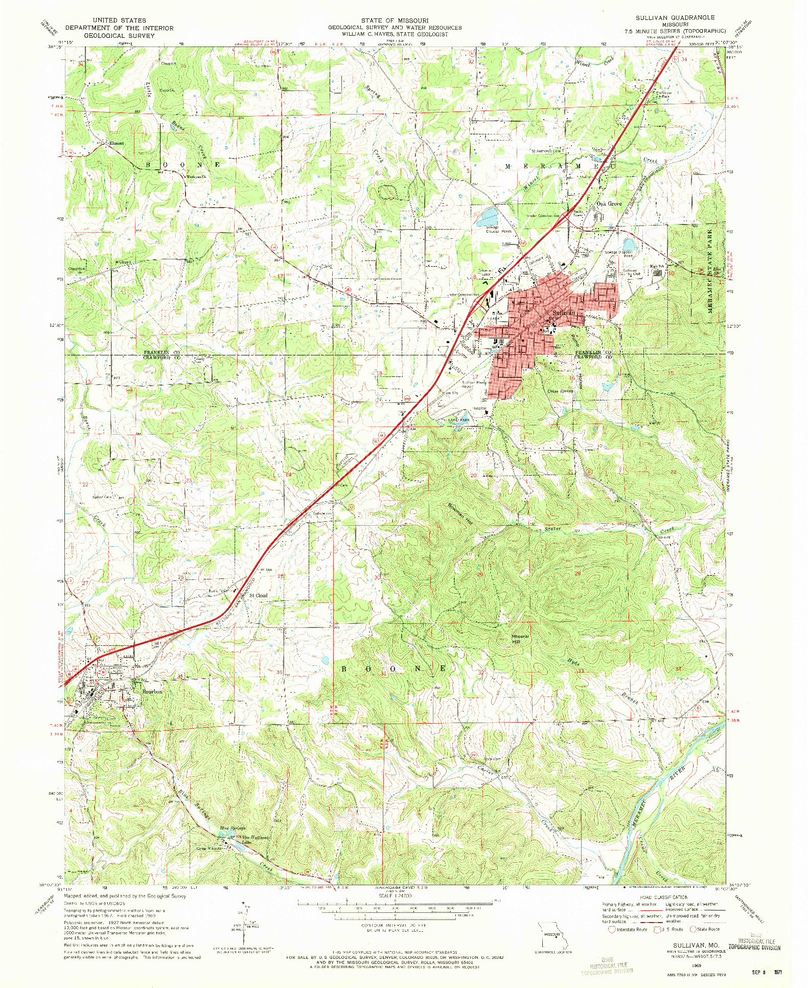 USGS 1:24000-SCALE QUADRANGLE FOR SULLIVAN, MO 1969