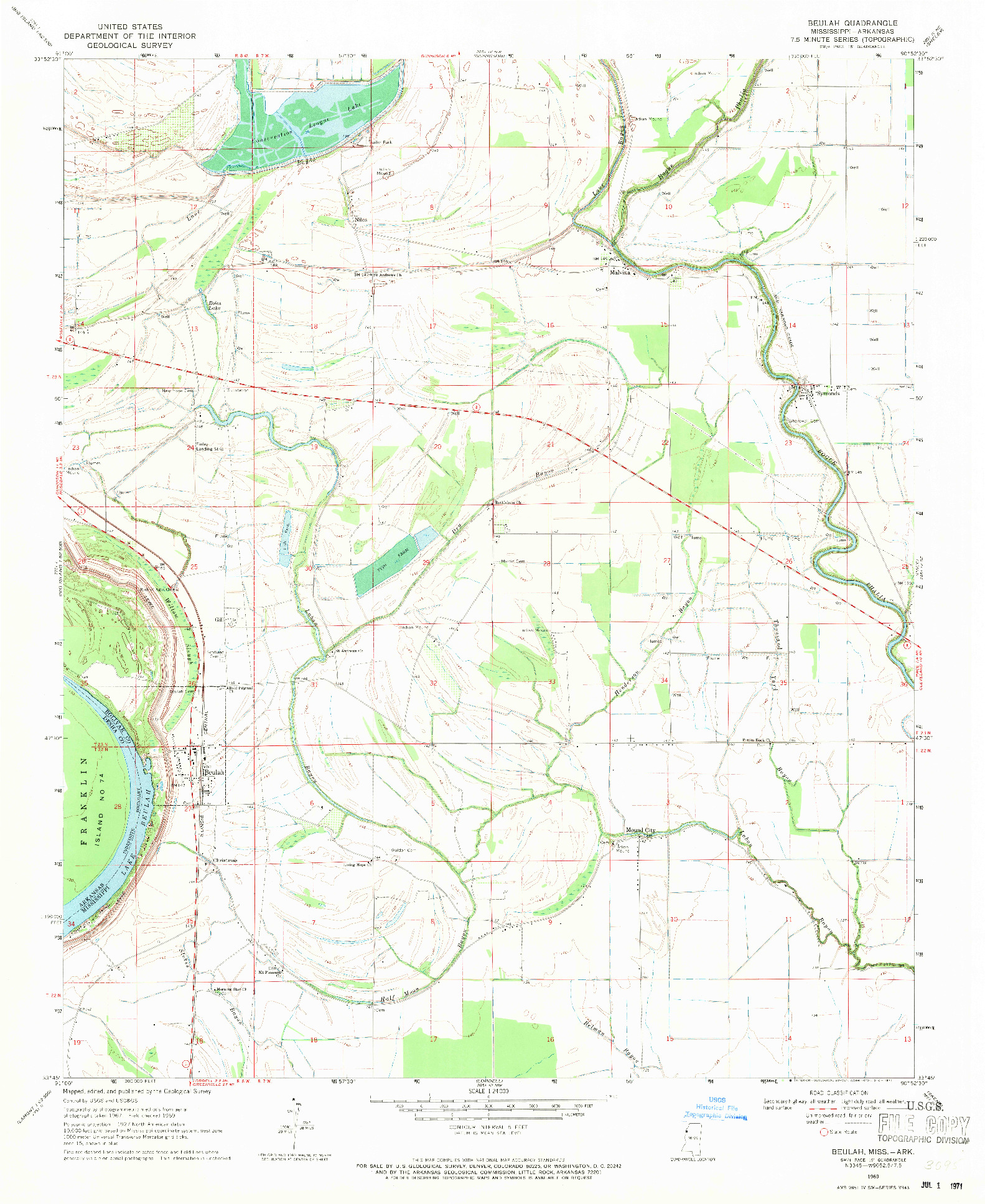 USGS 1:24000-SCALE QUADRANGLE FOR BEULAH, MS 1969