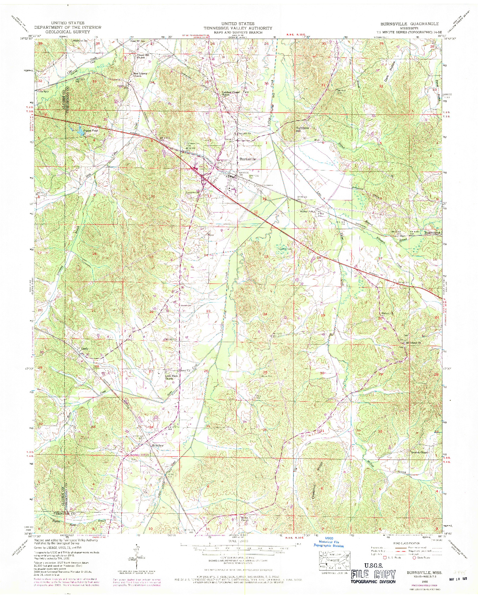 USGS 1:24000-SCALE QUADRANGLE FOR BURNSVILLE, MS 1950