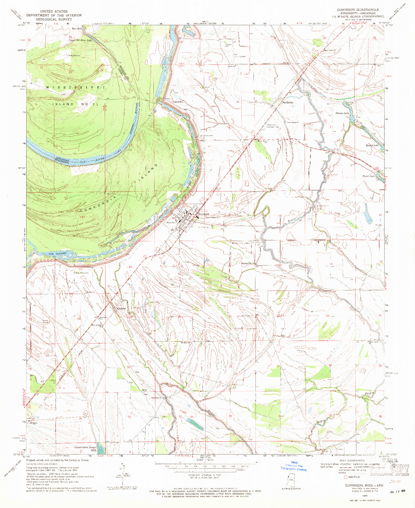 USGS 1:24000-SCALE QUADRANGLE FOR GUNNISON, MS 1969