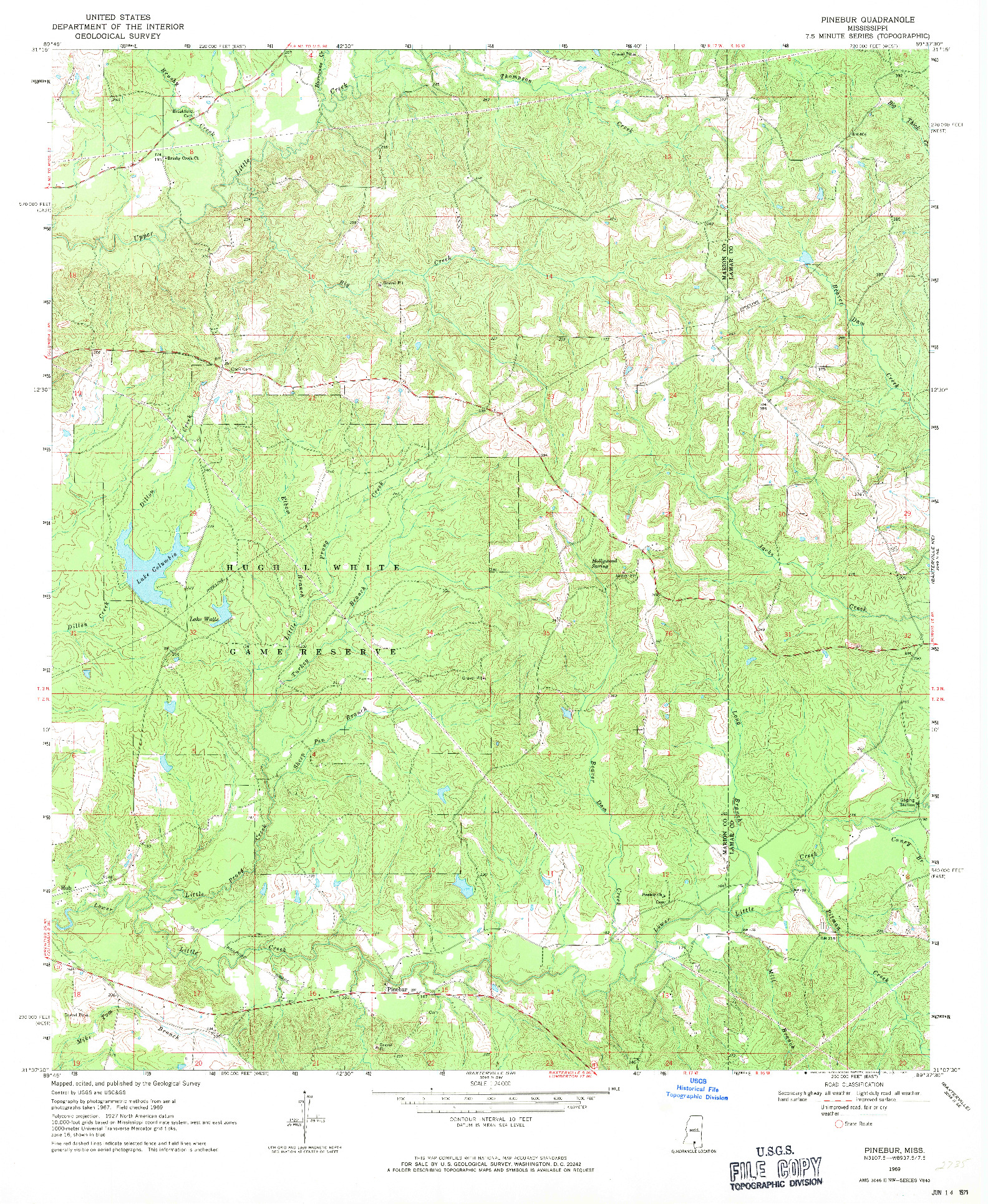 USGS 1:24000-SCALE QUADRANGLE FOR PINEBUR, MS 1969