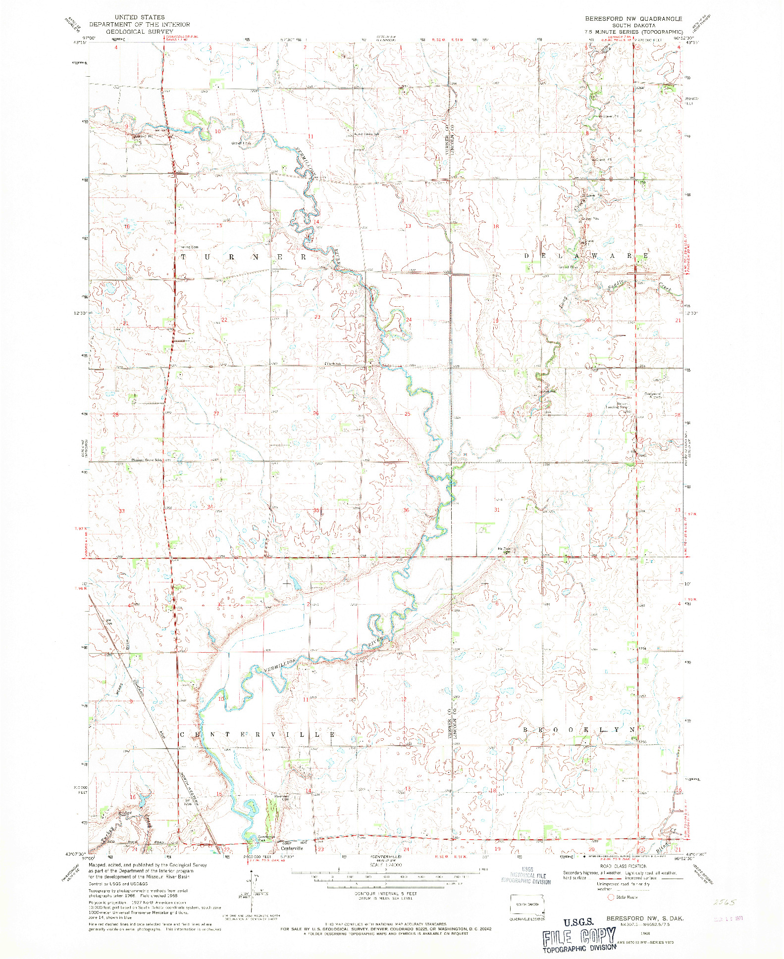 USGS 1:24000-SCALE QUADRANGLE FOR BERESFORD NW, SD 1968