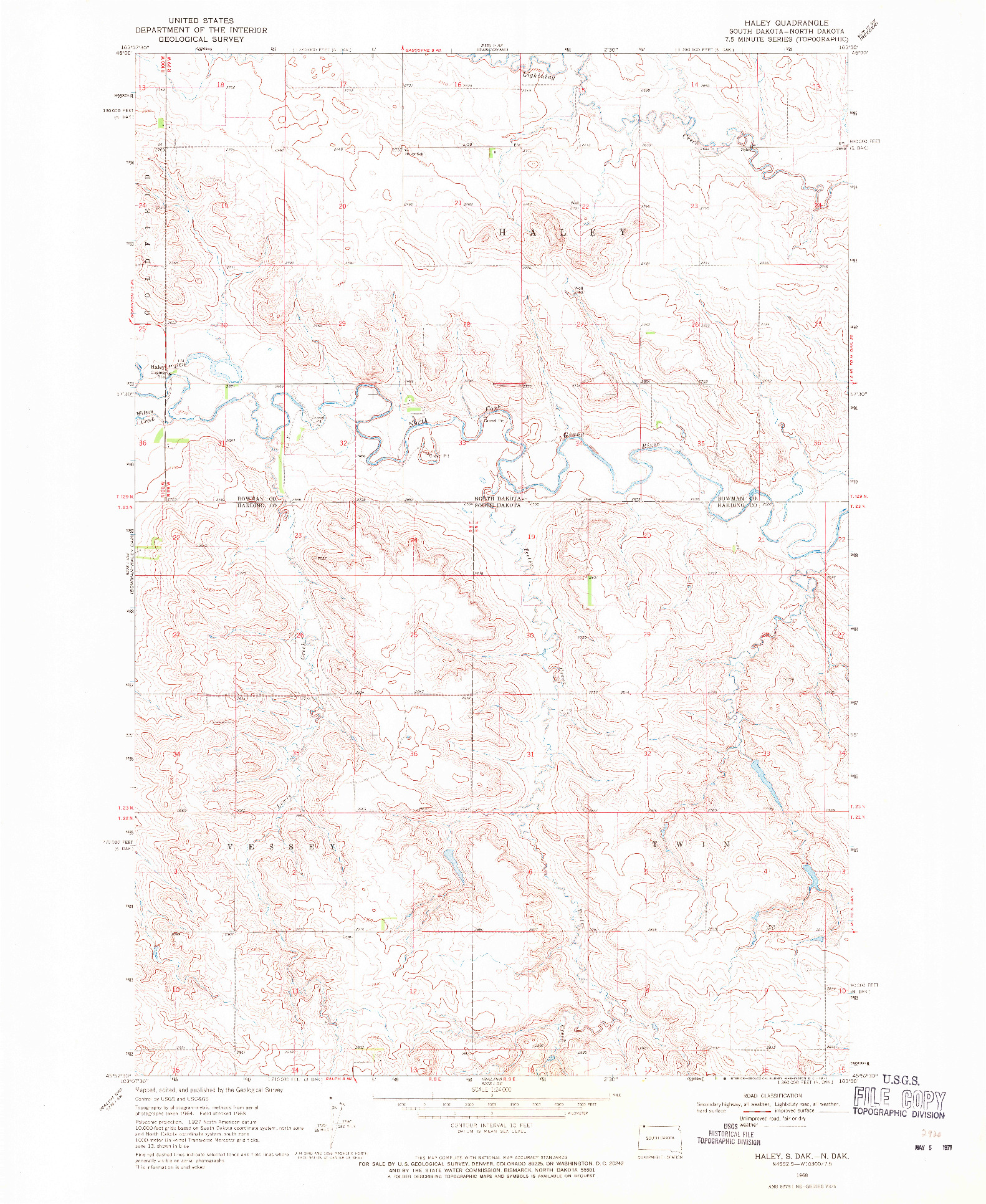 USGS 1:24000-SCALE QUADRANGLE FOR HALEY, SD 1968