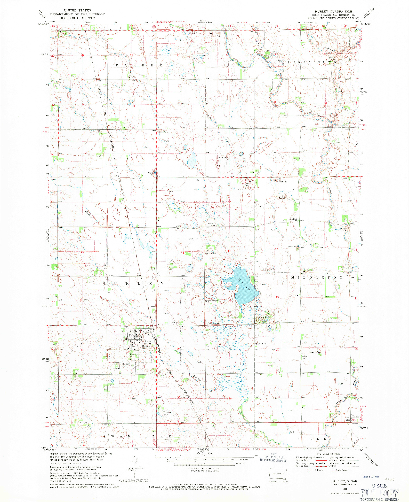 USGS 1:24000-SCALE QUADRANGLE FOR HURLEY, SD 1968