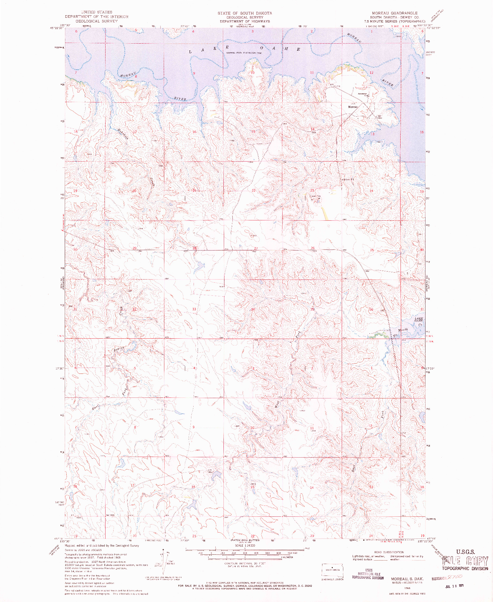 USGS 1:24000-SCALE QUADRANGLE FOR MOREAU, SD 1968