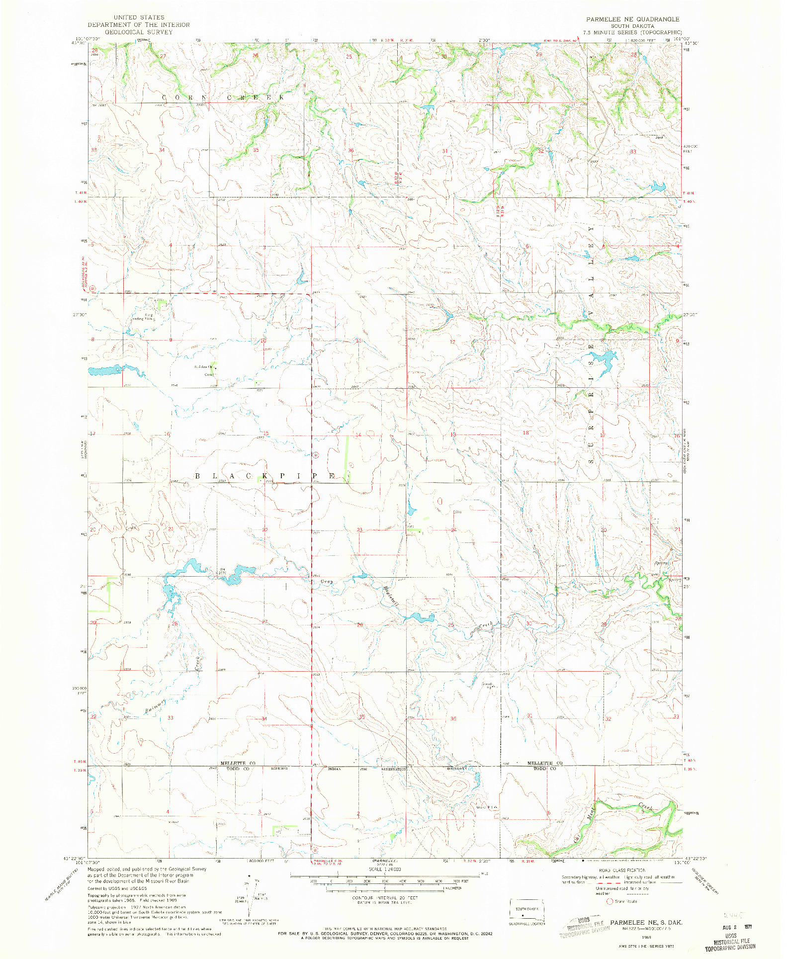 USGS 1:24000-SCALE QUADRANGLE FOR PARMELEE NE, SD 1969