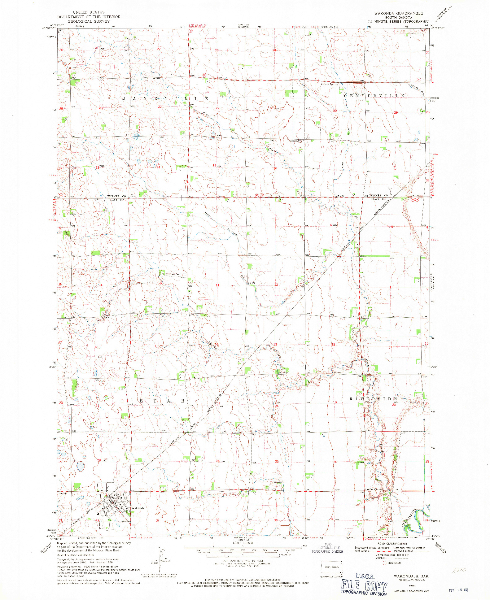 USGS 1:24000-SCALE QUADRANGLE FOR WAKONDA, SD 1968