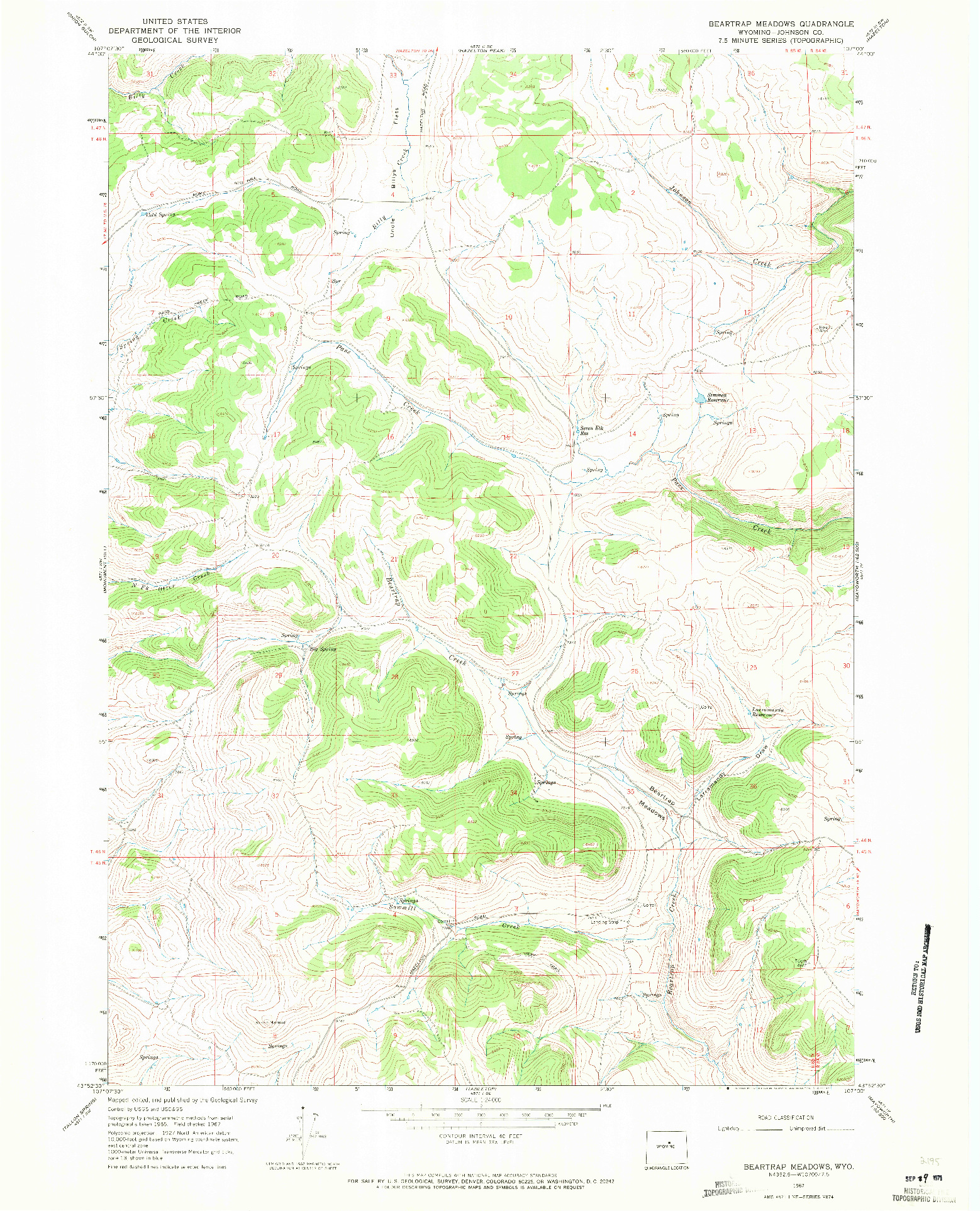 USGS 1:24000-SCALE QUADRANGLE FOR BEARTRAP MEADOWS, WY 1967