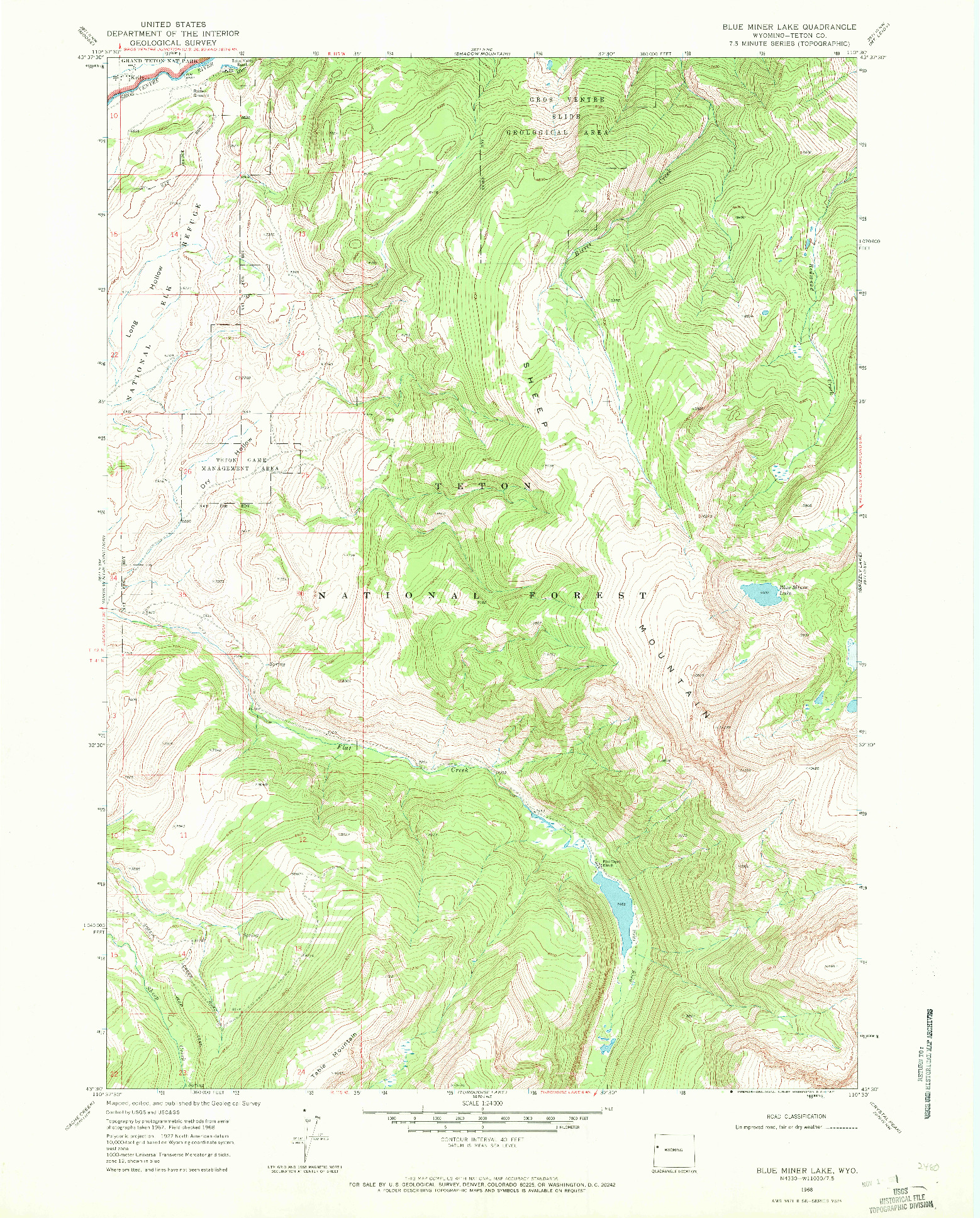 USGS 1:24000-SCALE QUADRANGLE FOR BLUE MINER LAKE, WY 1968