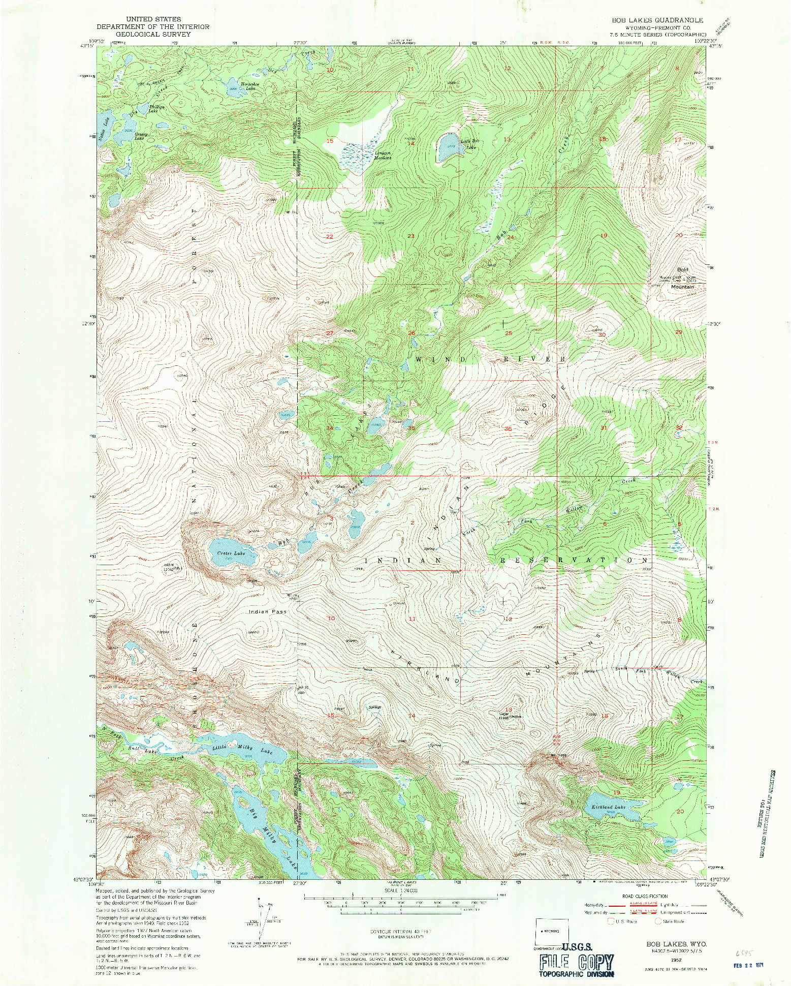 USGS 1:24000-SCALE QUADRANGLE FOR BOB LAKES, WY 1952