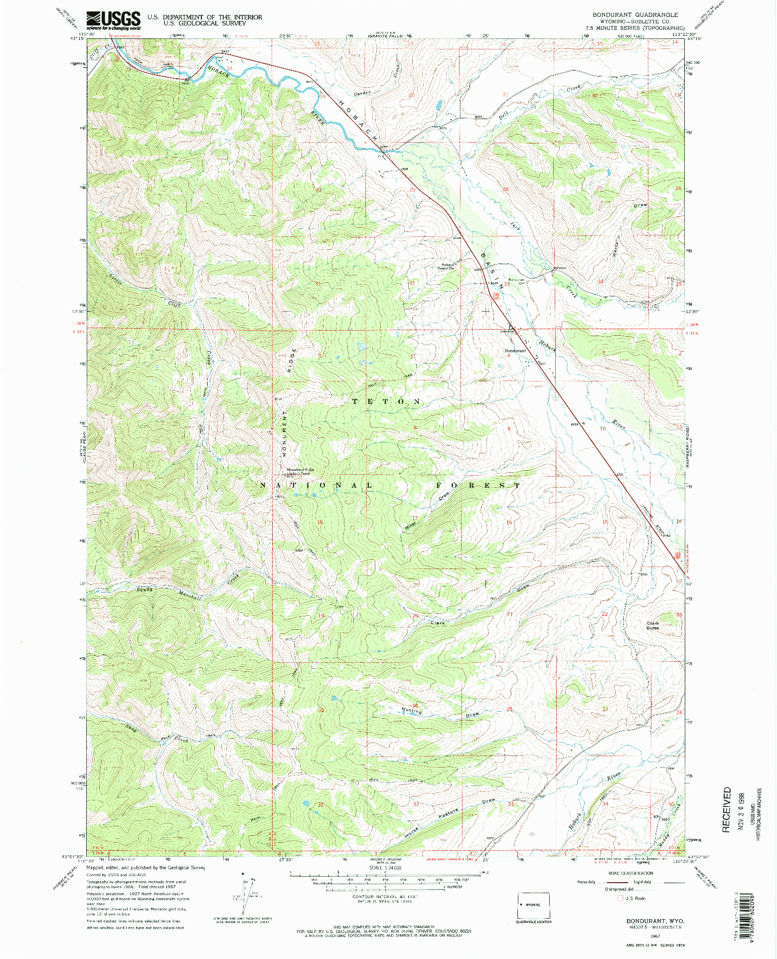 USGS 1:24000-SCALE QUADRANGLE FOR BONDURANT, WY 1967