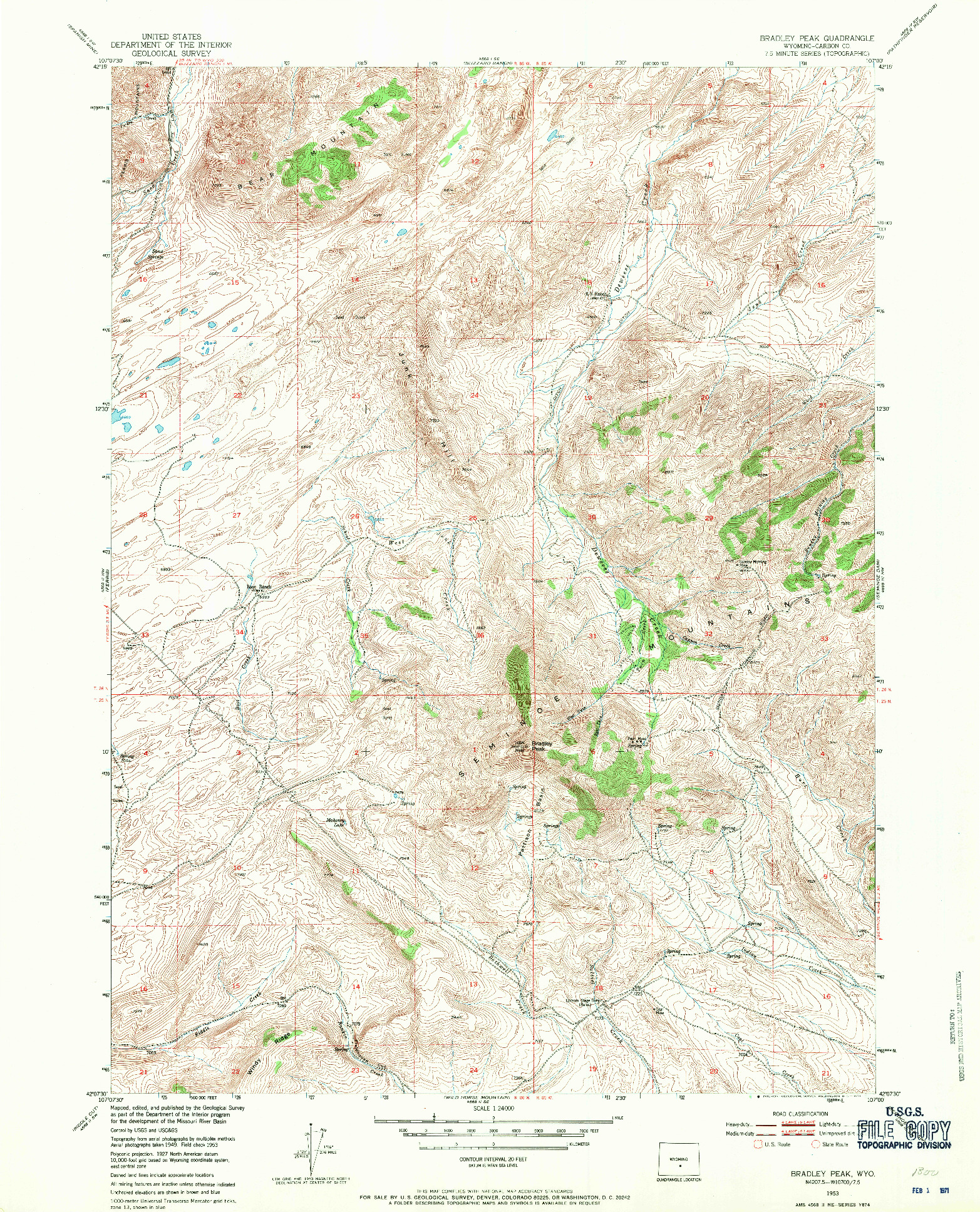 USGS 1:24000-SCALE QUADRANGLE FOR BRADLEY PEAK, WY 1953
