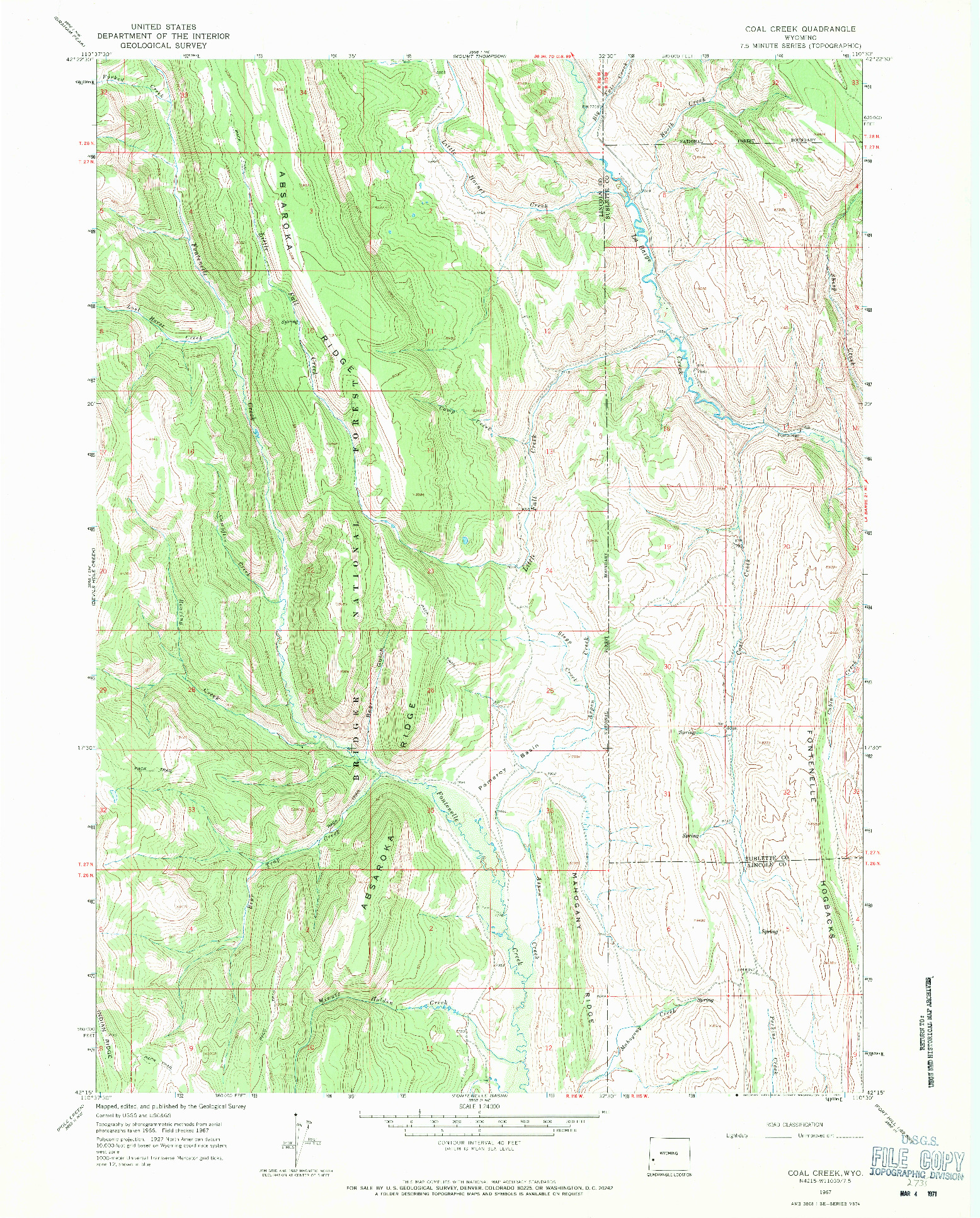USGS 1:24000-SCALE QUADRANGLE FOR COAL CREEK, WY 1967