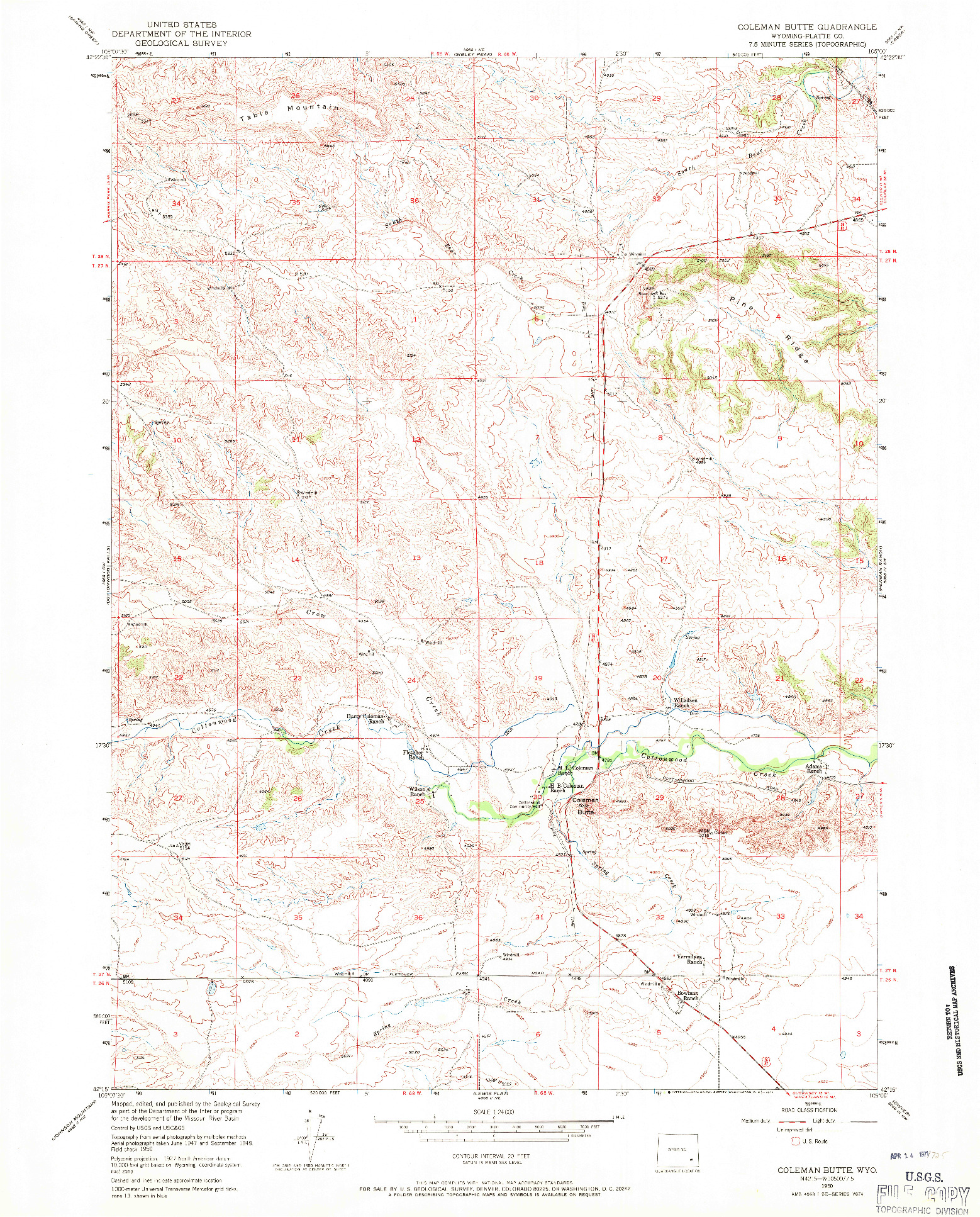 USGS 1:24000-SCALE QUADRANGLE FOR COLEMAN BUTTE, WY 1950