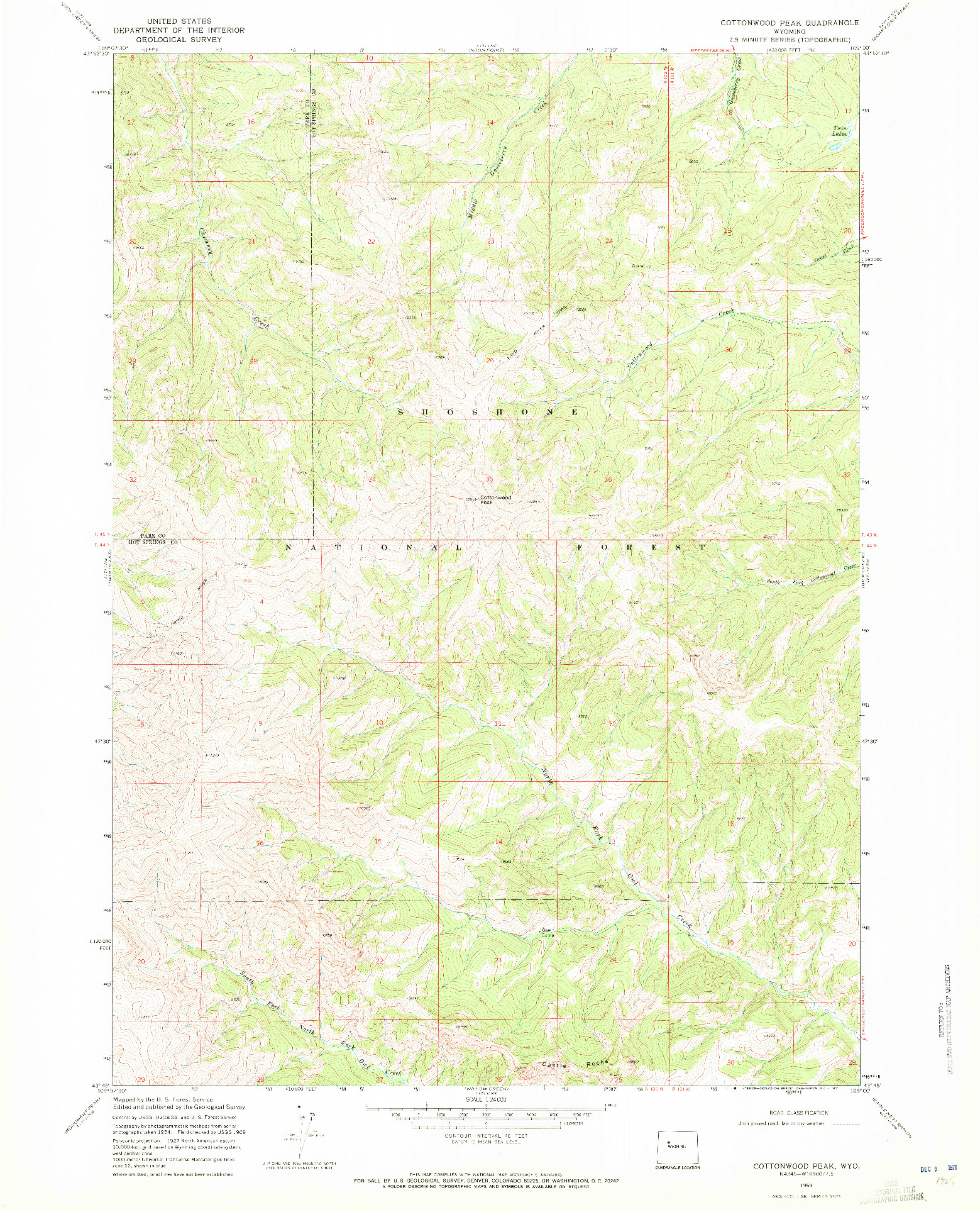 USGS 1:24000-SCALE QUADRANGLE FOR COTTONWOOD PEAK, WY 1969