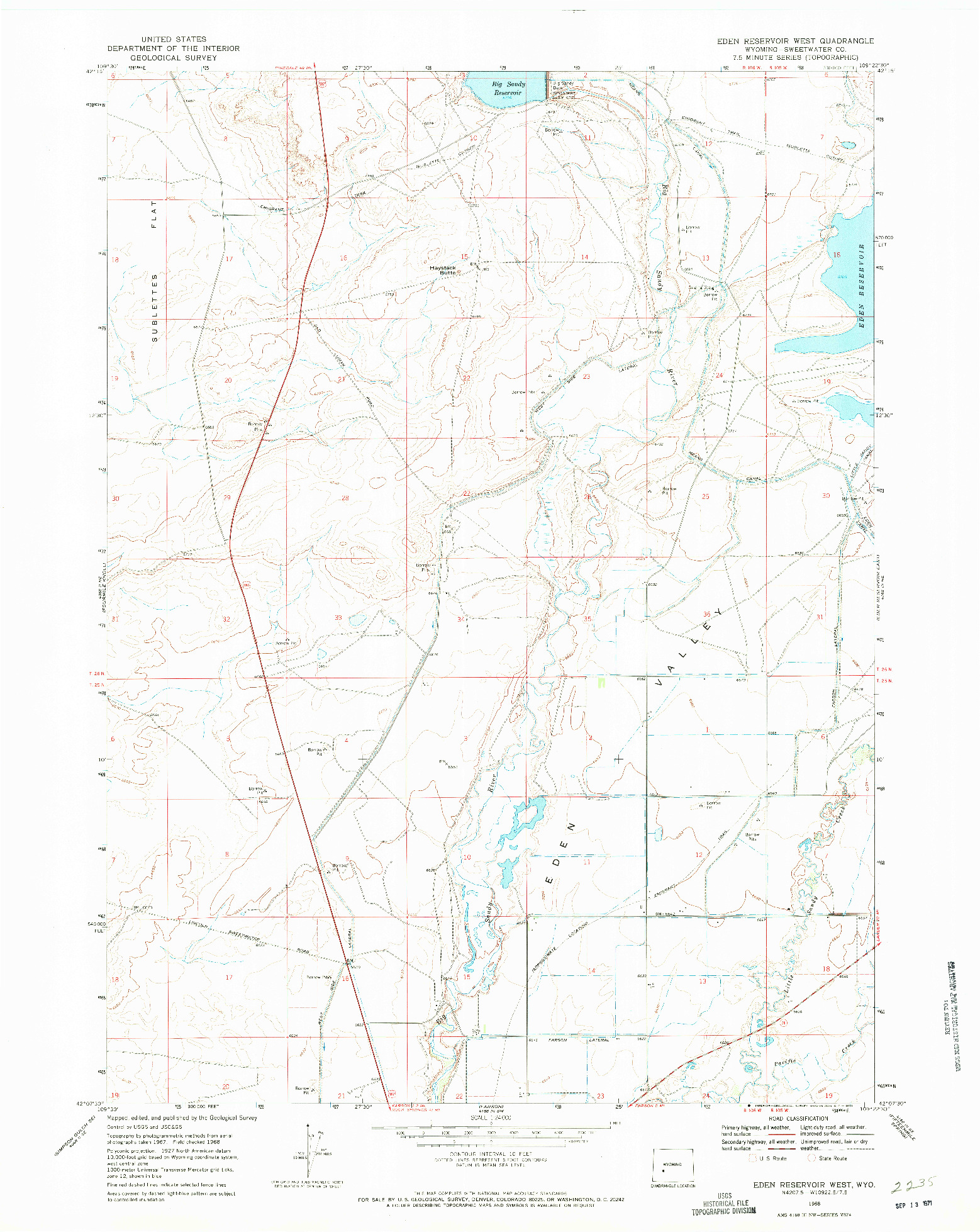 USGS 1:24000-SCALE QUADRANGLE FOR EDEN RESERVOIR WEST, WY 1968