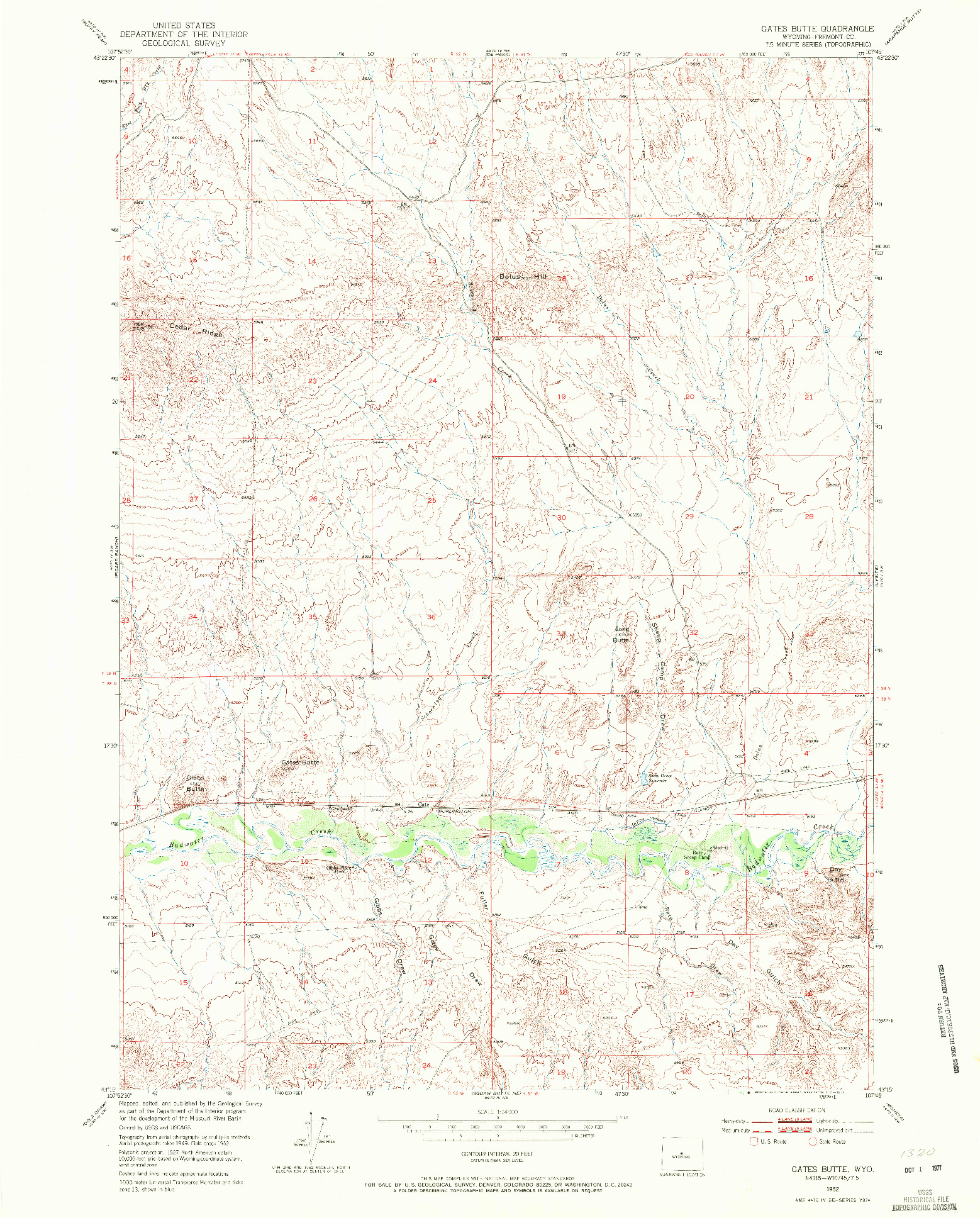 USGS 1:24000-SCALE QUADRANGLE FOR GATES BUTTE, WY 1952