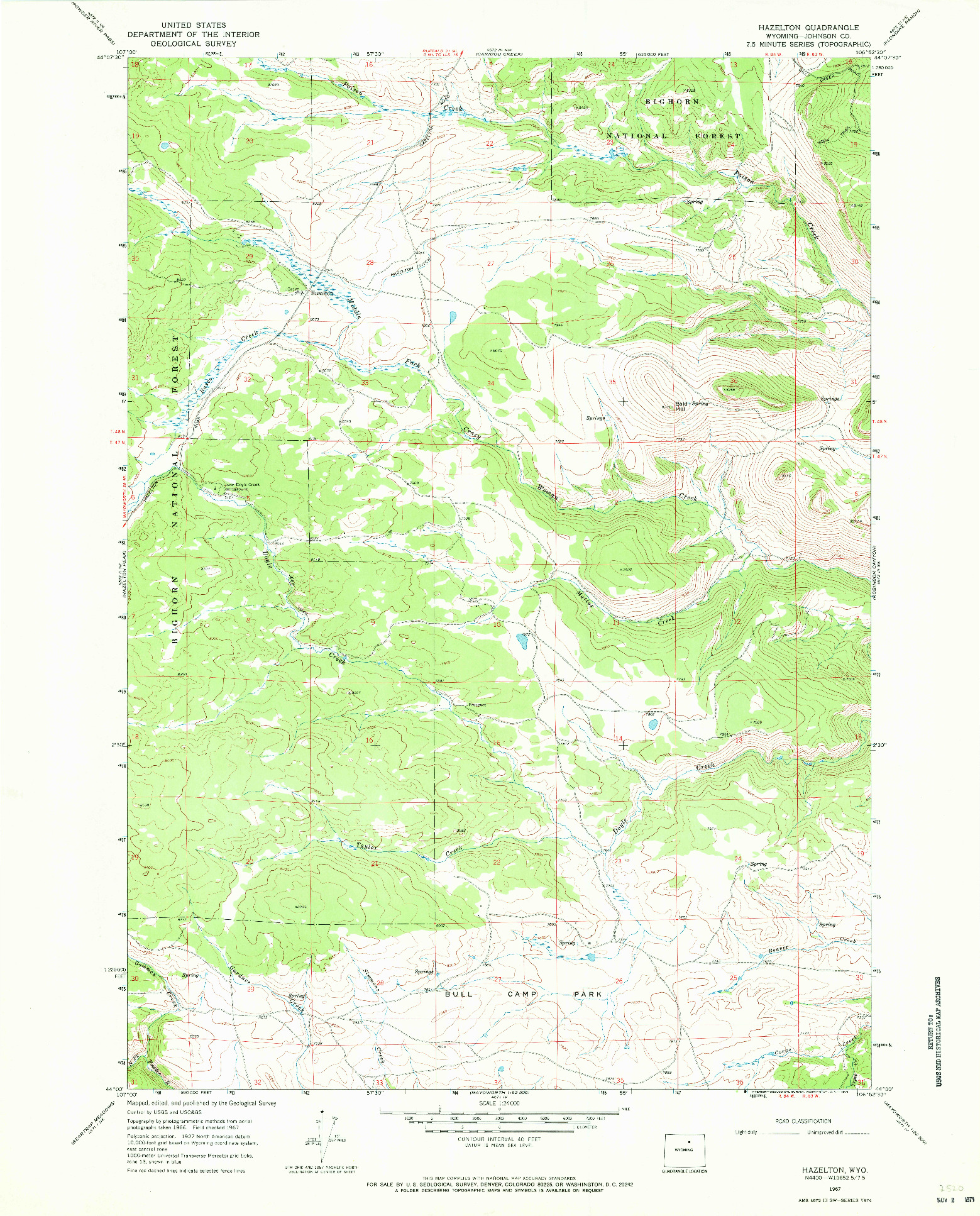 USGS 1:24000-SCALE QUADRANGLE FOR HAZELTON, WY 1967