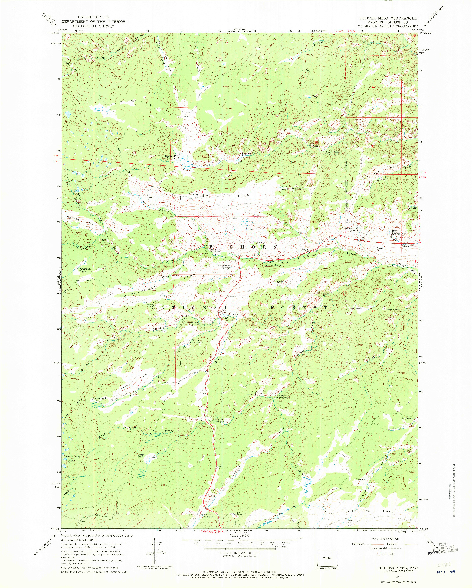 USGS 1:24000-SCALE QUADRANGLE FOR HUNTER MESA, WY 1967